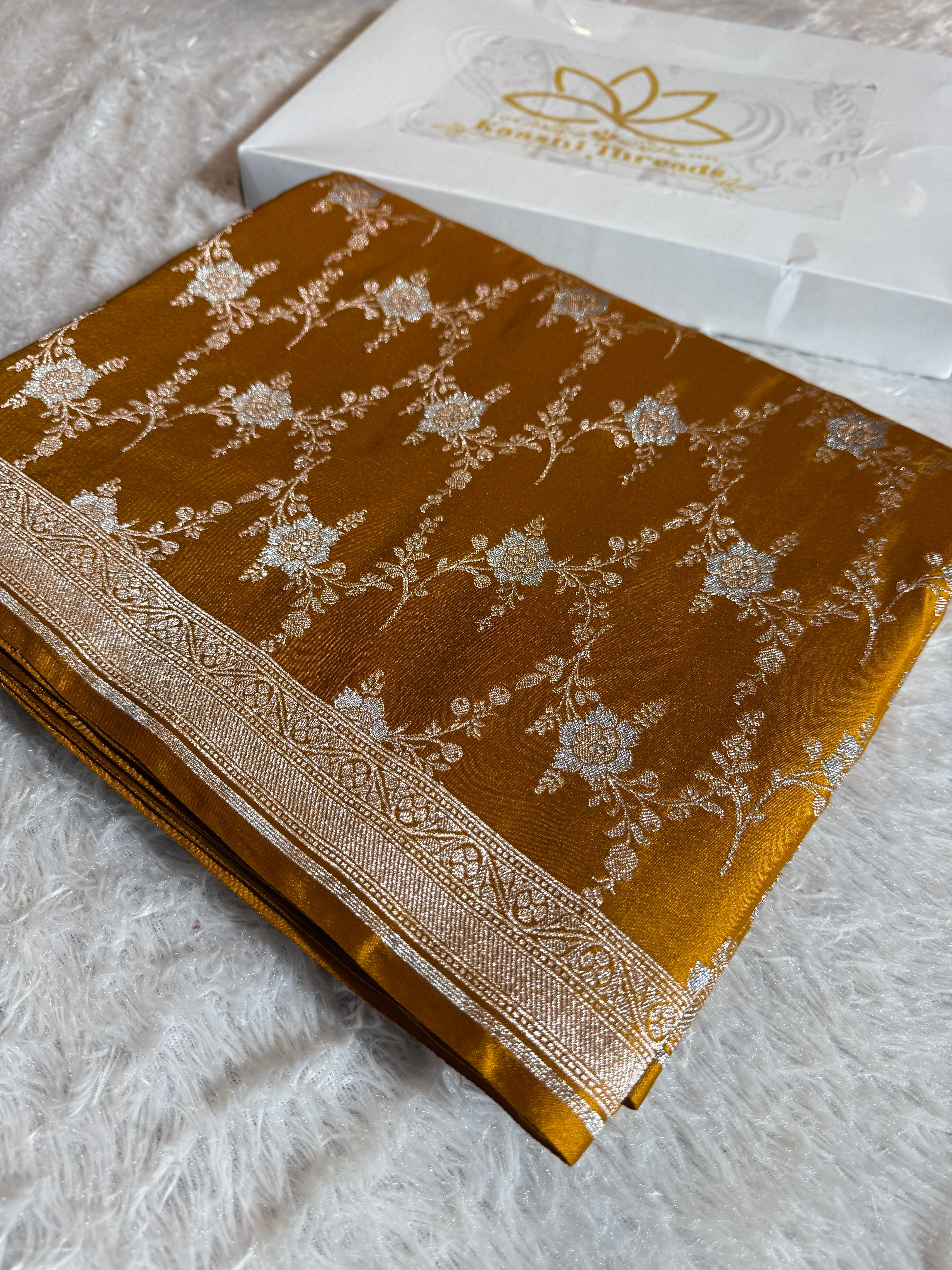 Mustard Mashru Silk Saree in Jaal Pattern MKS010