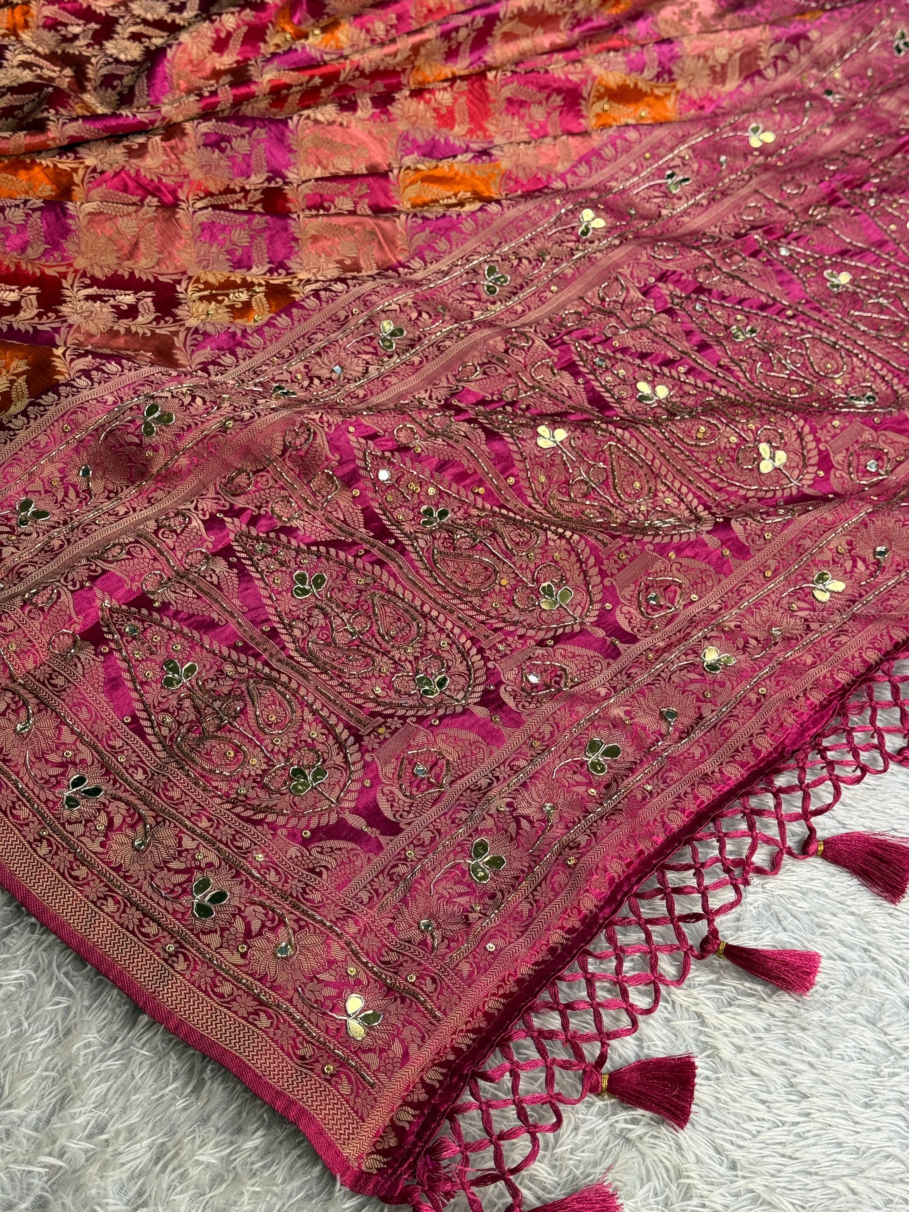 Multicolour Modal Saatan Silk Banarasi Saree with Rangkaat Zari Weaving & Handwork | MKS775