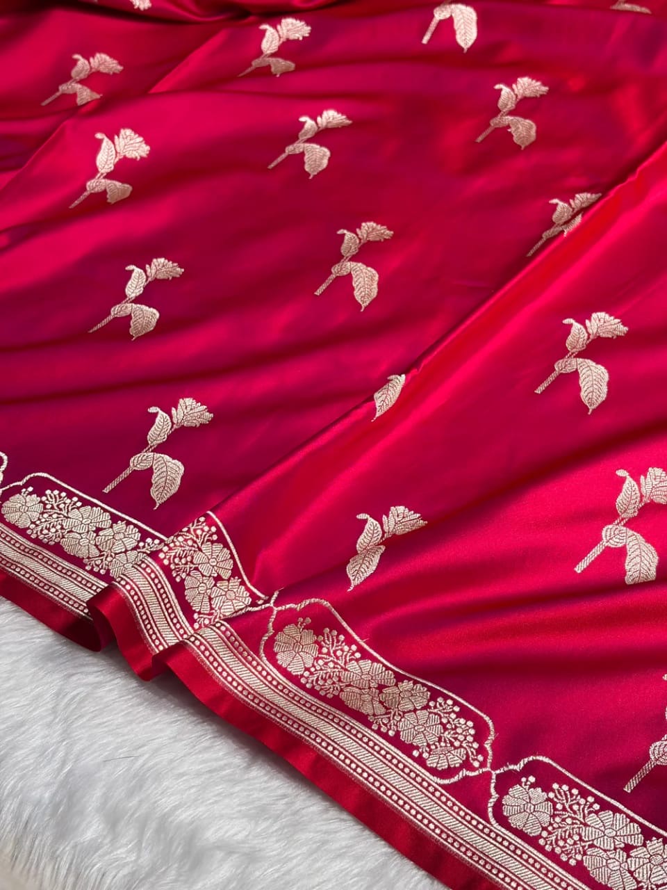 Banarasi Mashru Kataan Silk Saree Featuring Flower Buta Design with Ikkat Border and Zari Pallu – MKS409