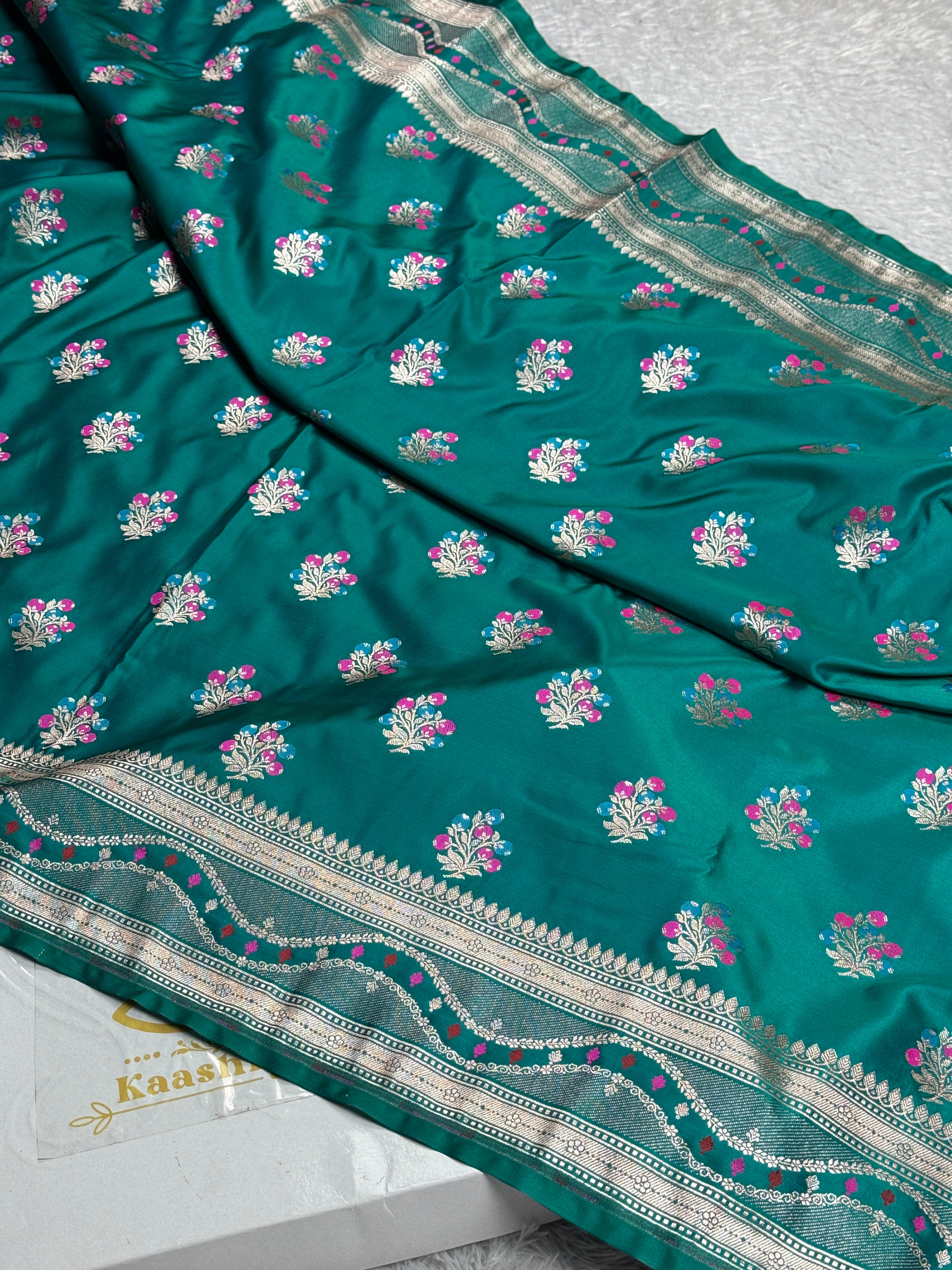 Sea Blue Buta Meenakari Banarasi Mashru Silk Saree | Satin Mashru Silk | Kaashi Threads | MKS514