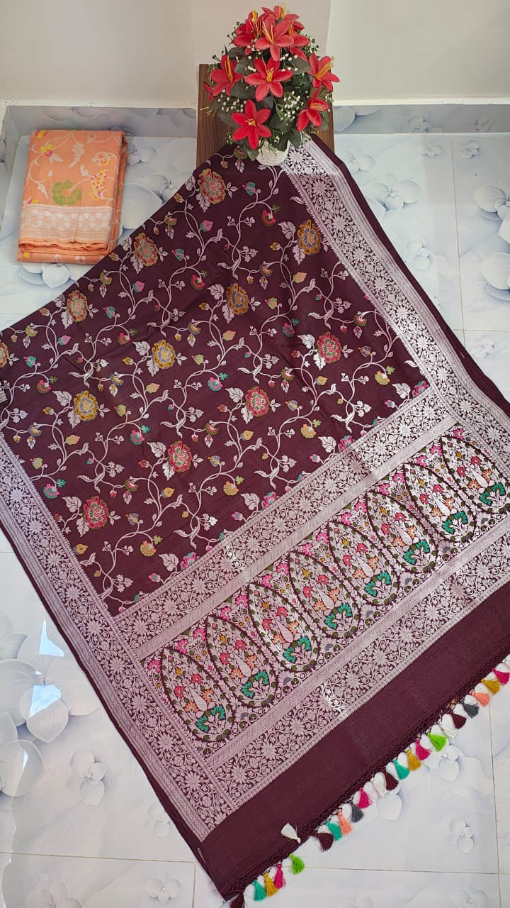 Pure Silk Tussar Banarasi Saree with All-over Meenakari Jaal Woven Pattern TSS12