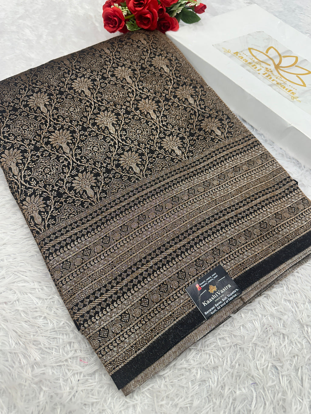Black Banarasi Dupion Silk Saree with Embossed Antique Zari Weaving & Rich Antique Zari Pallu | STF79