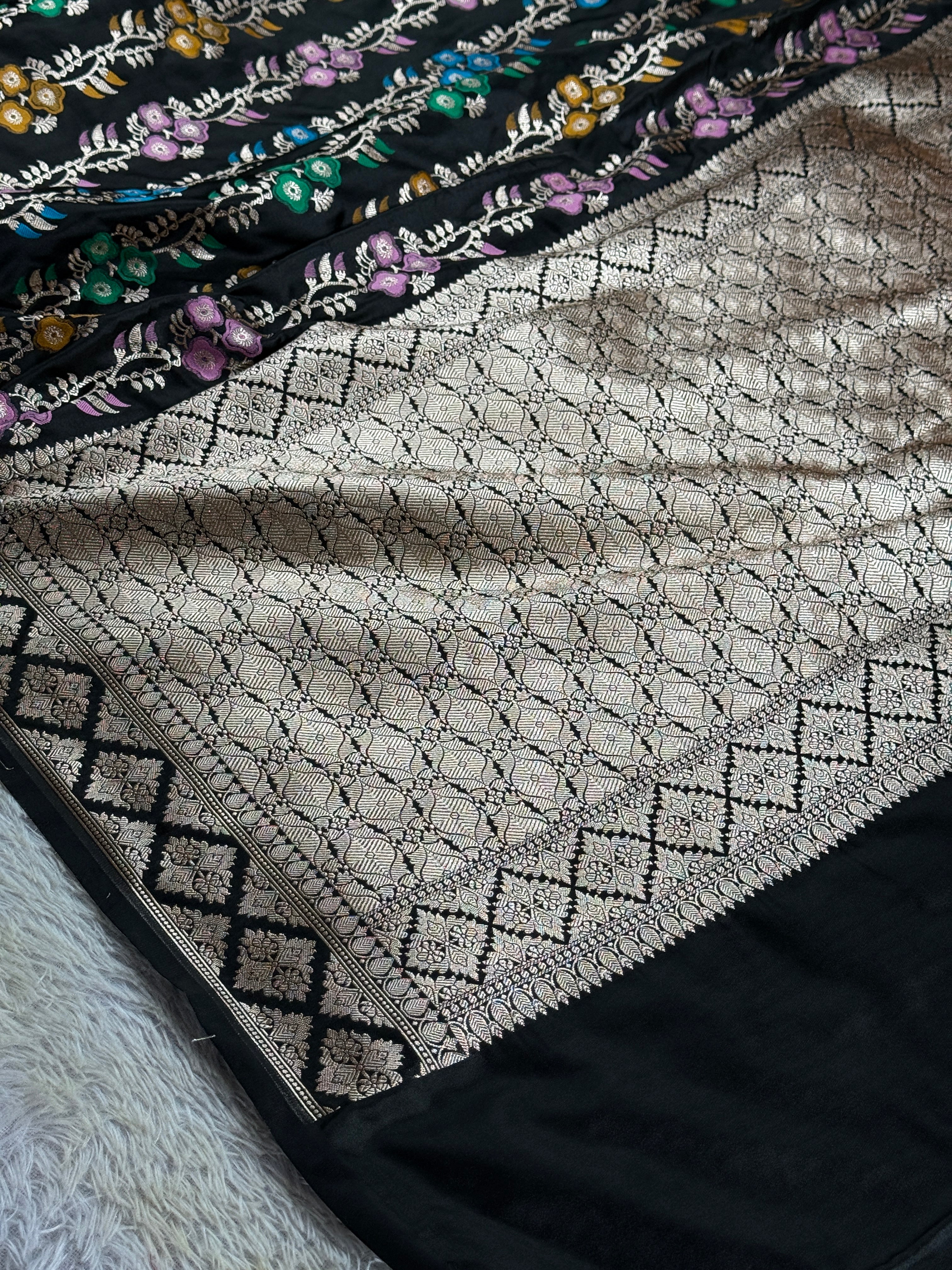 Banarasi Black Mashru Silk Saree with Zari Woven Meena Work – MKS361