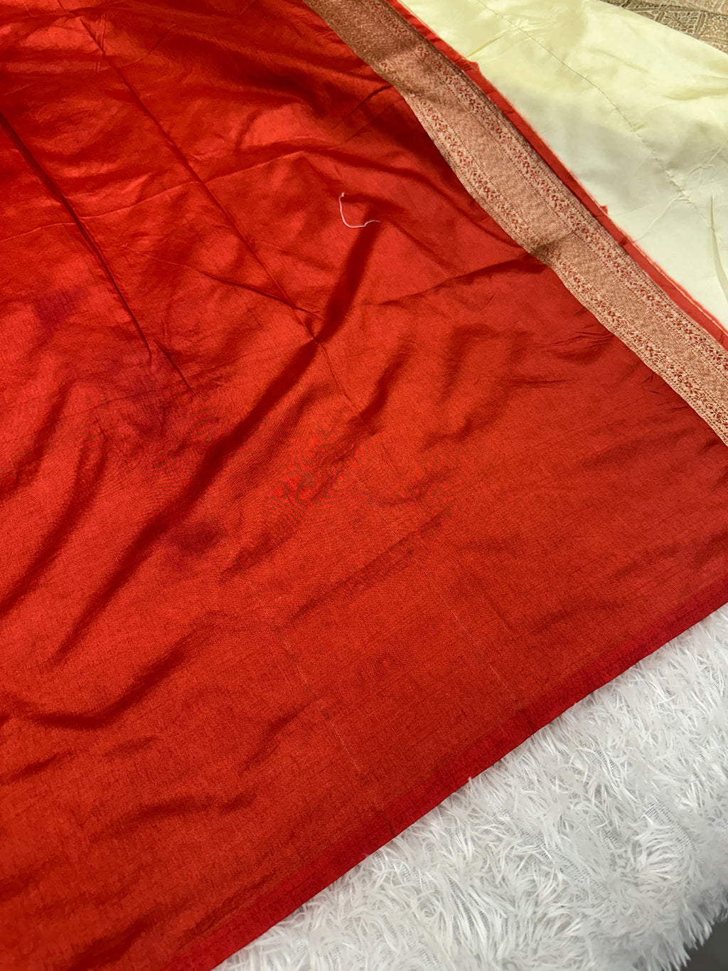 Cream & Red Banarasi Dupion Silk Saree with Embossed Antique Zari Weaving & Rich Antique Zari Pallu | STF68