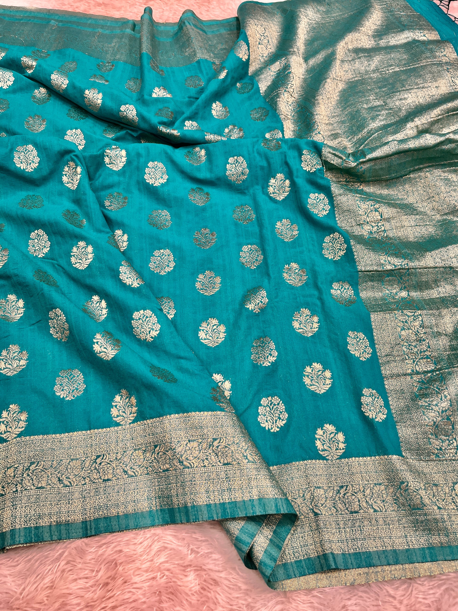 Raw Silk Zari Butaa  Sea blue color  Saree RS004
