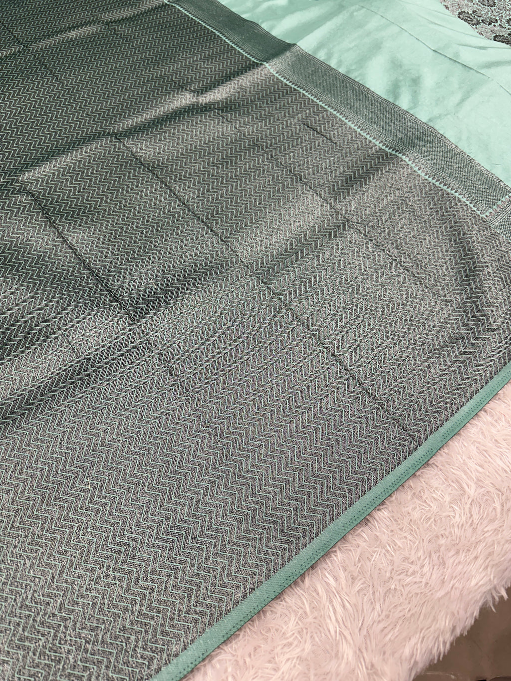 STF49 – Enchanting Sea Green Dupion Saree with Embossed Floral Woven Designs