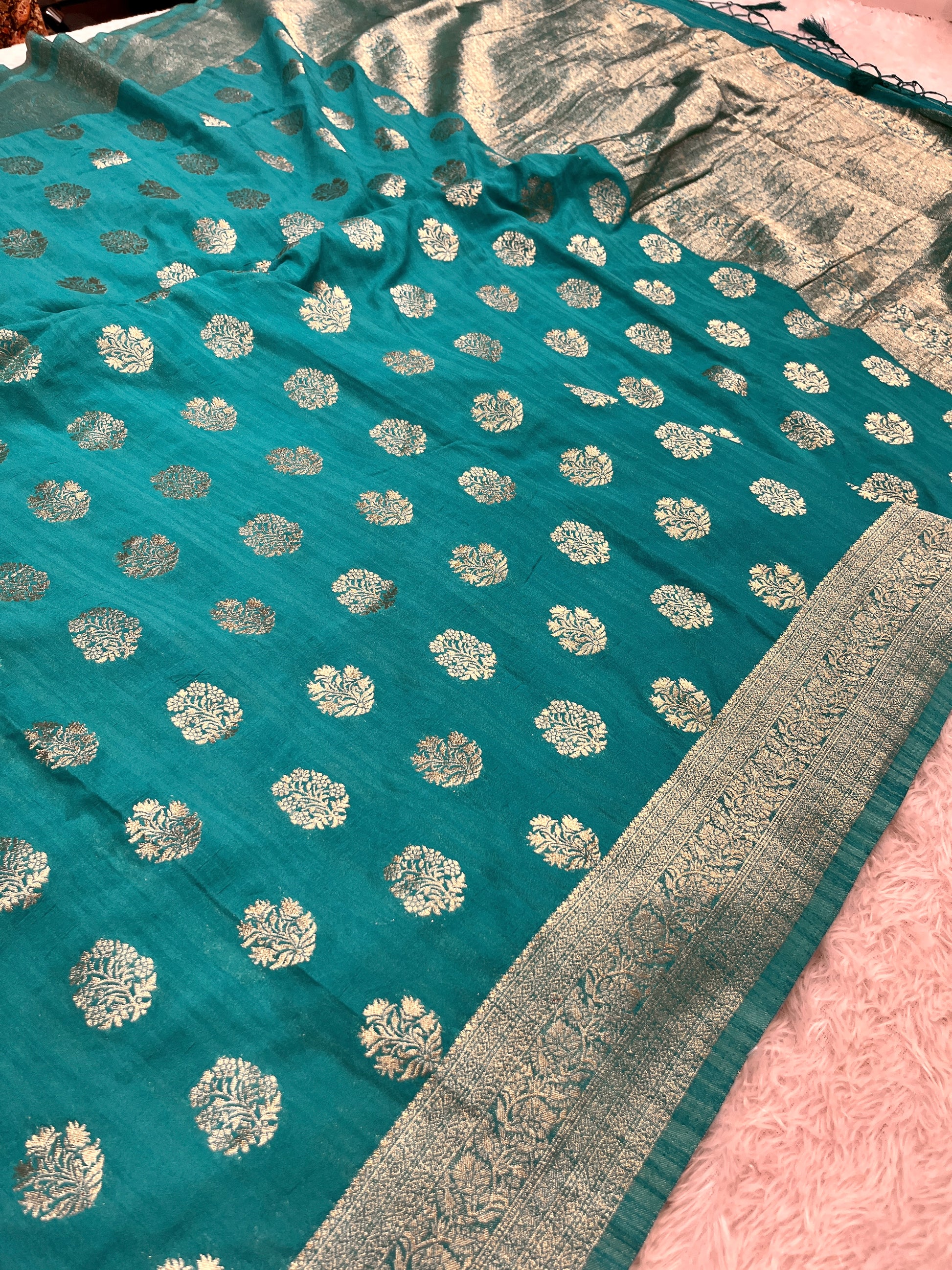 Raw Silk Zari Butaa  Sea blue color  Saree RS004