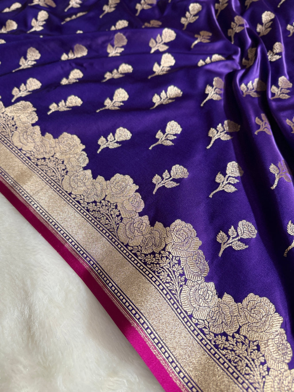 Royal Blue Mashru Kataan Banarasi Saree with Rose Zari Buta Weaving and Rupa-Sona Zari Work MKS087