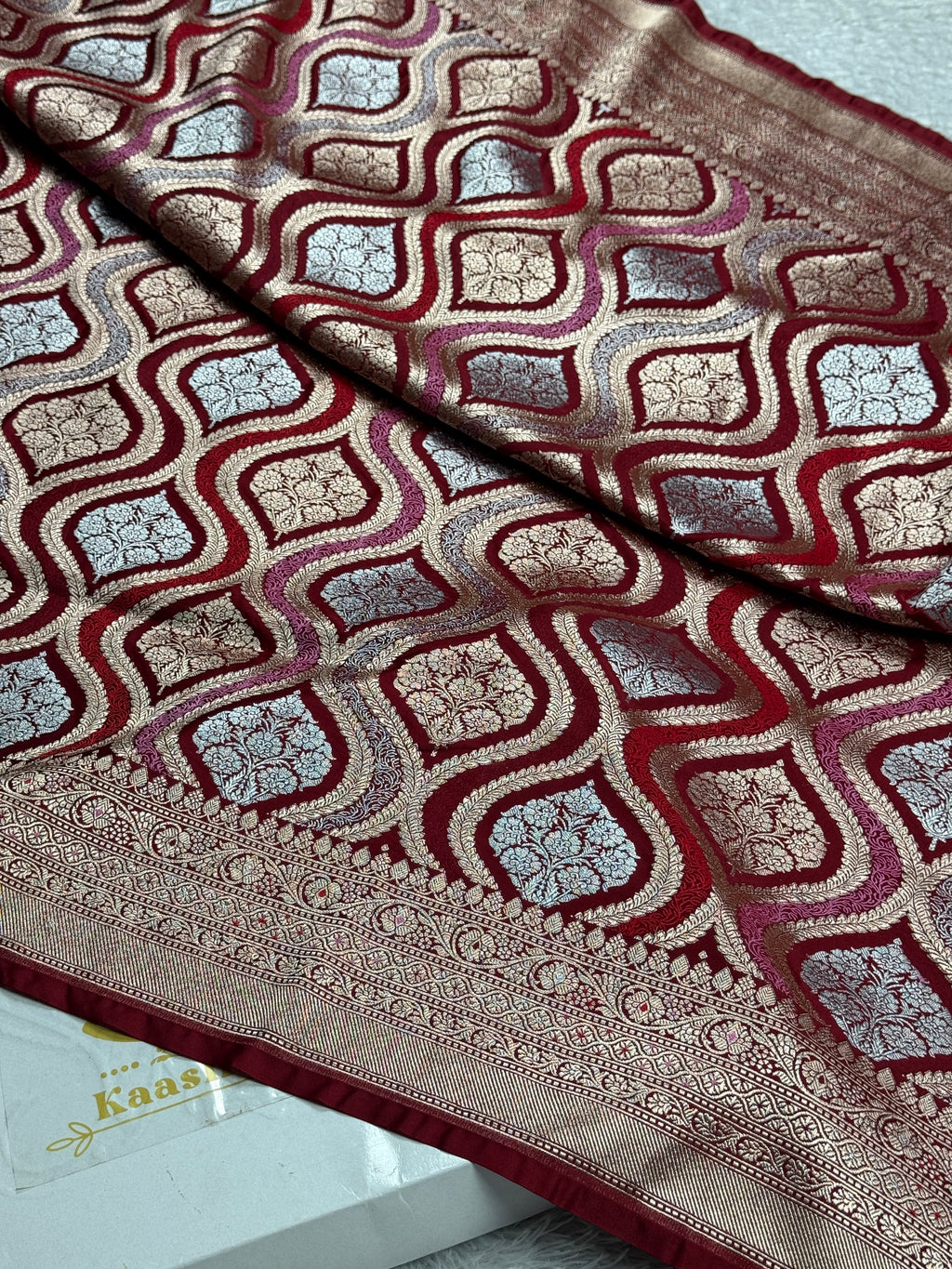 Elegant Maroon Mashru Kataan Silk Banarasi Saree with Traditional Zari Jaal Pattern | Kaashi Threads MKS403