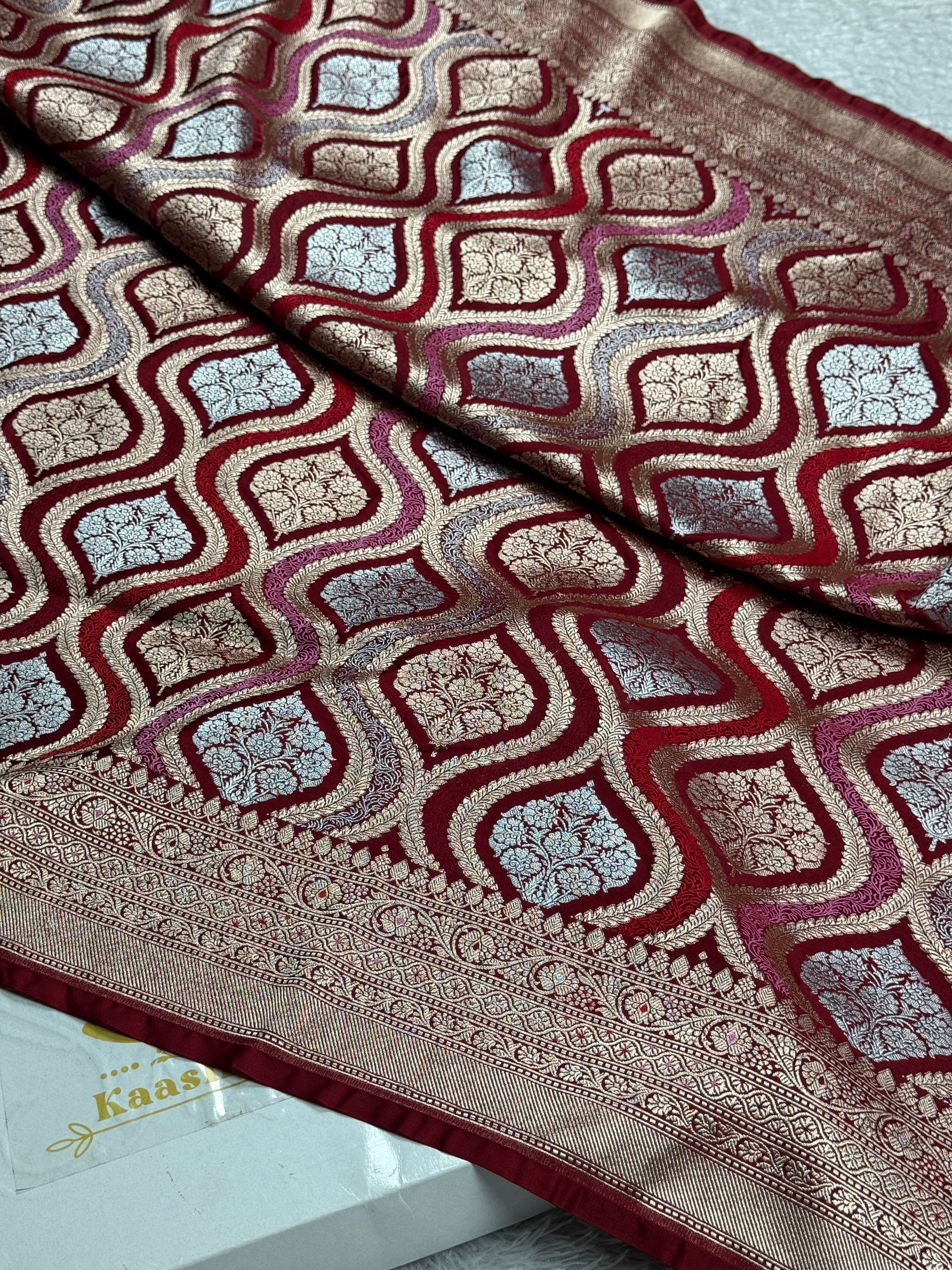 Elegant Maroon Mashru Kataan Silk Banarasi Saree with Traditional Zari Jaal Pattern | Kaashi Threads MKS403