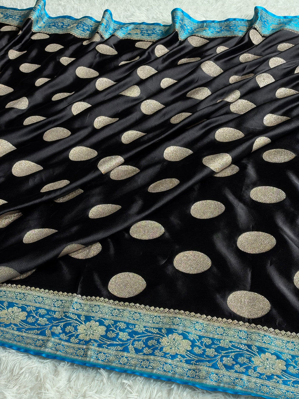 Black & Light Blue Mashru Kataan Silk Saree with Dollar Buta Woven Design & Rich Zari Pallu | MKS850