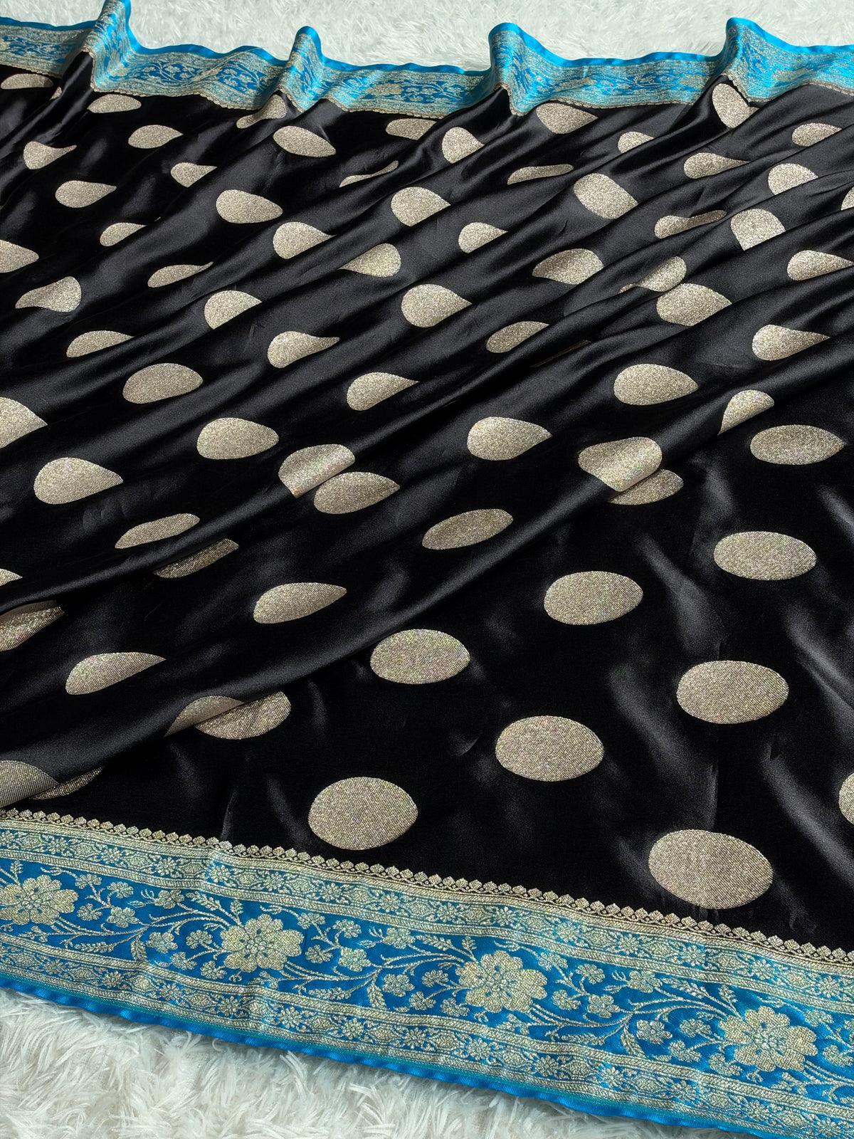 Black & Light Blue Mashru Kataan Silk Saree with Dollar Buta Woven Design & Rich Zari Pallu | MKS850