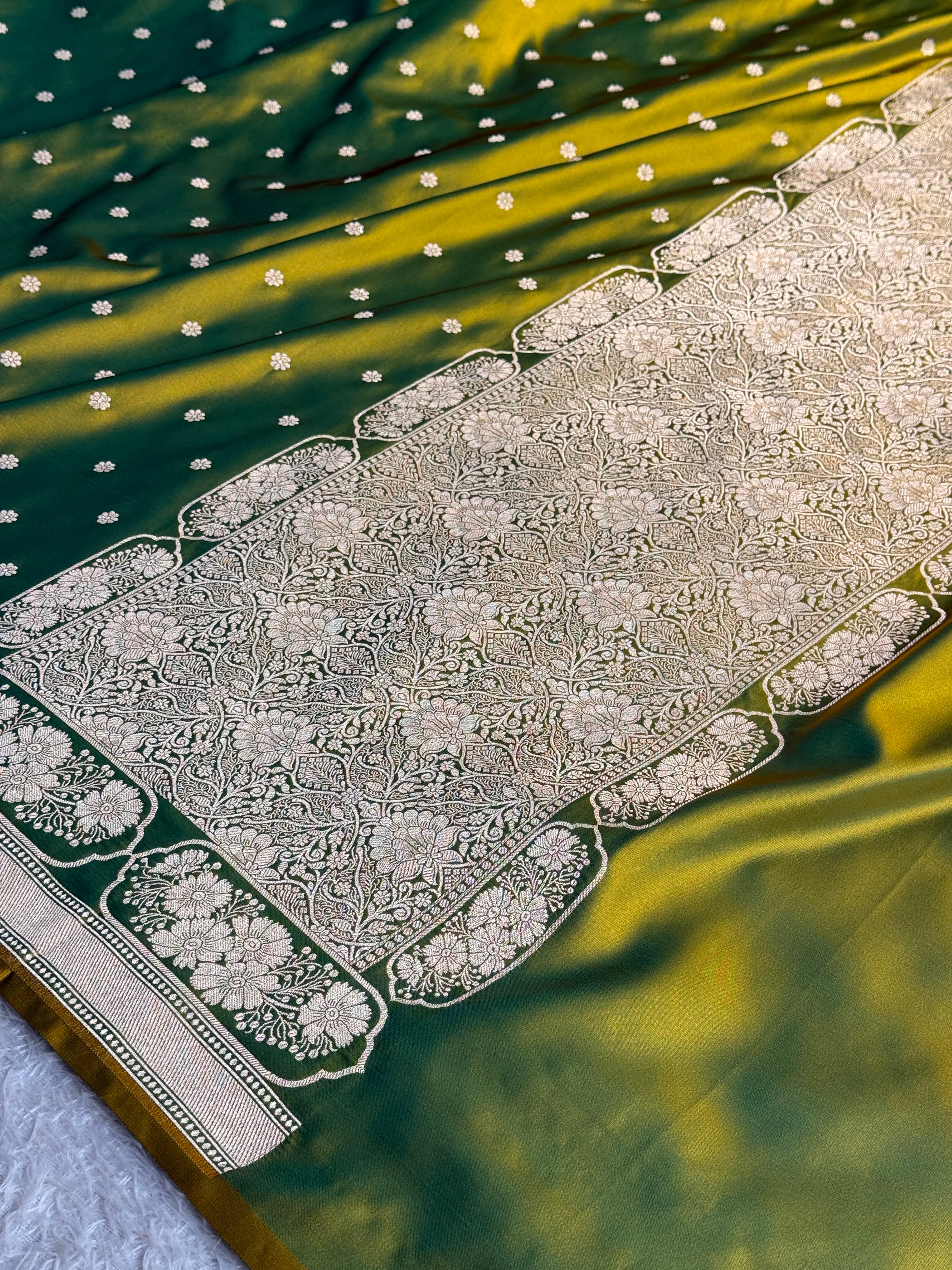 Green Yellow Mashru Kataan Silk Banarasi Saree with Zari Buta Design | MKS741 | Kaashi Threads