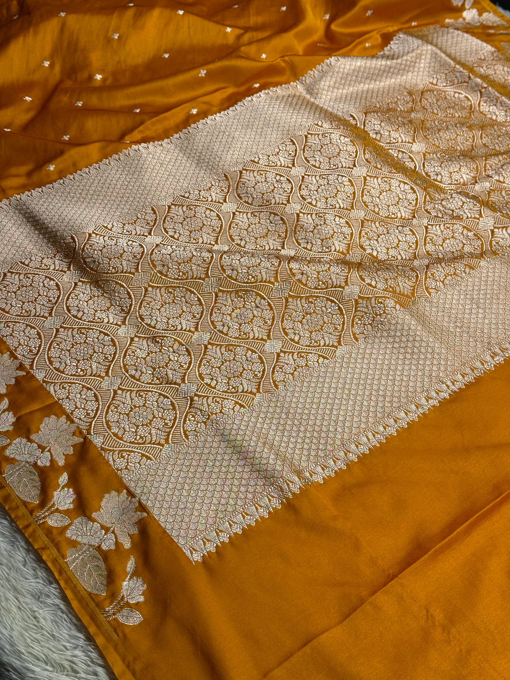Mustard Banarasi Mashru Silk Saree with Raw Mango Buta Jacquard Woven Design MKS166
