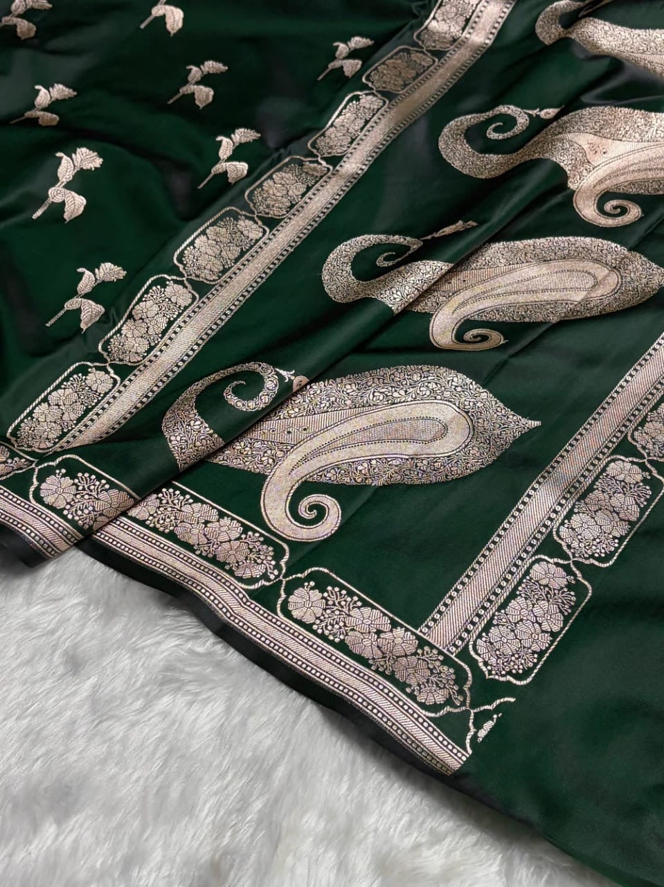 Banarasi Mashru Kataan Silk Saree Featuring Flower Buta Design with Ikkat Border and Zari Pallu – MKS409
