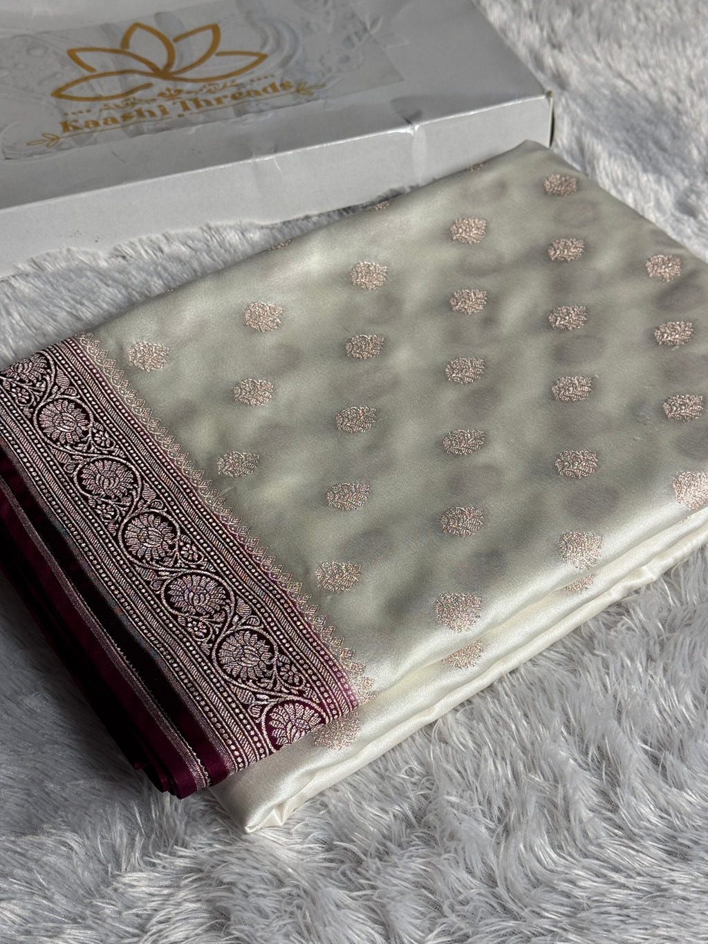 Cream & Wine Mashru Kataan Silk Saree with Buta Woven Design and Rich Zari Pallu | MKS644