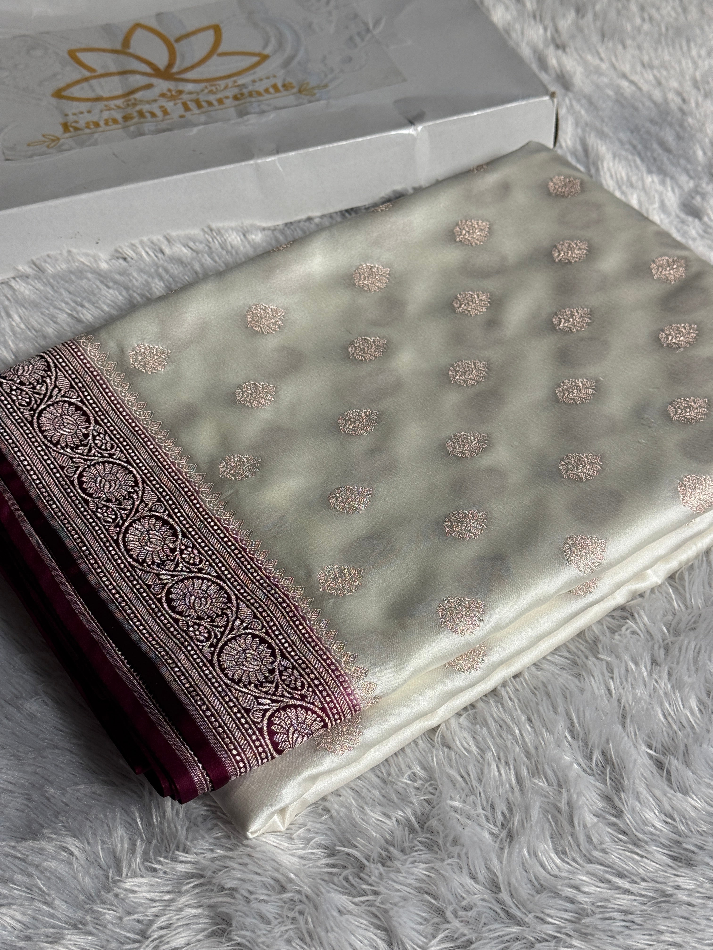 Cream & Wine Mashru Kataan Silk Saree with Buta Woven Design and Rich Zari Pallu | MKS644