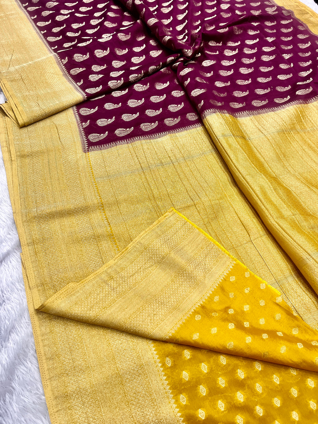 Chinon Silk Karry  Buta  Design Wine with yellow color  Saree CN07