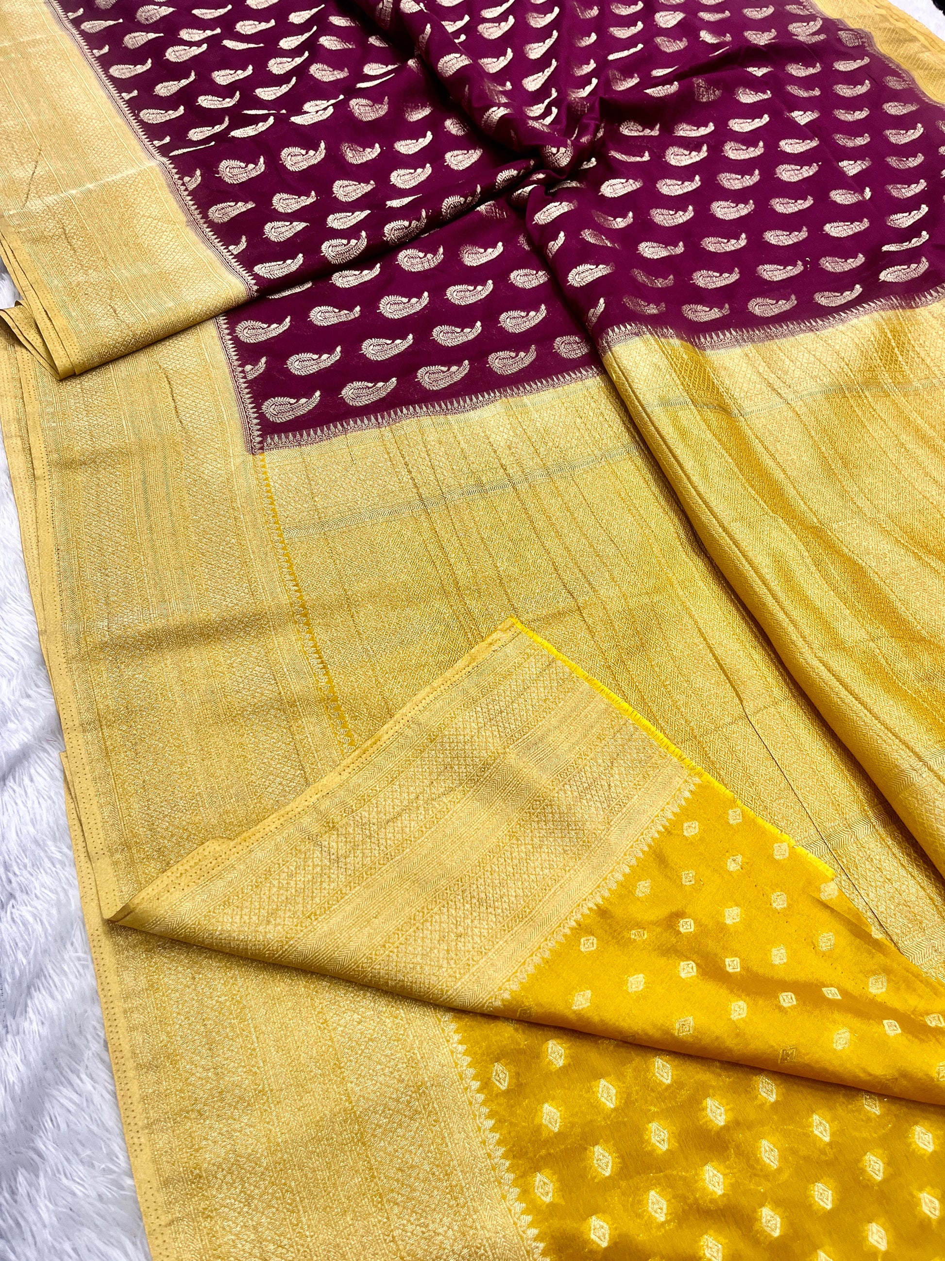 Chinon Silk Karry  Buta  Design Wine with yellow color  Saree CN07