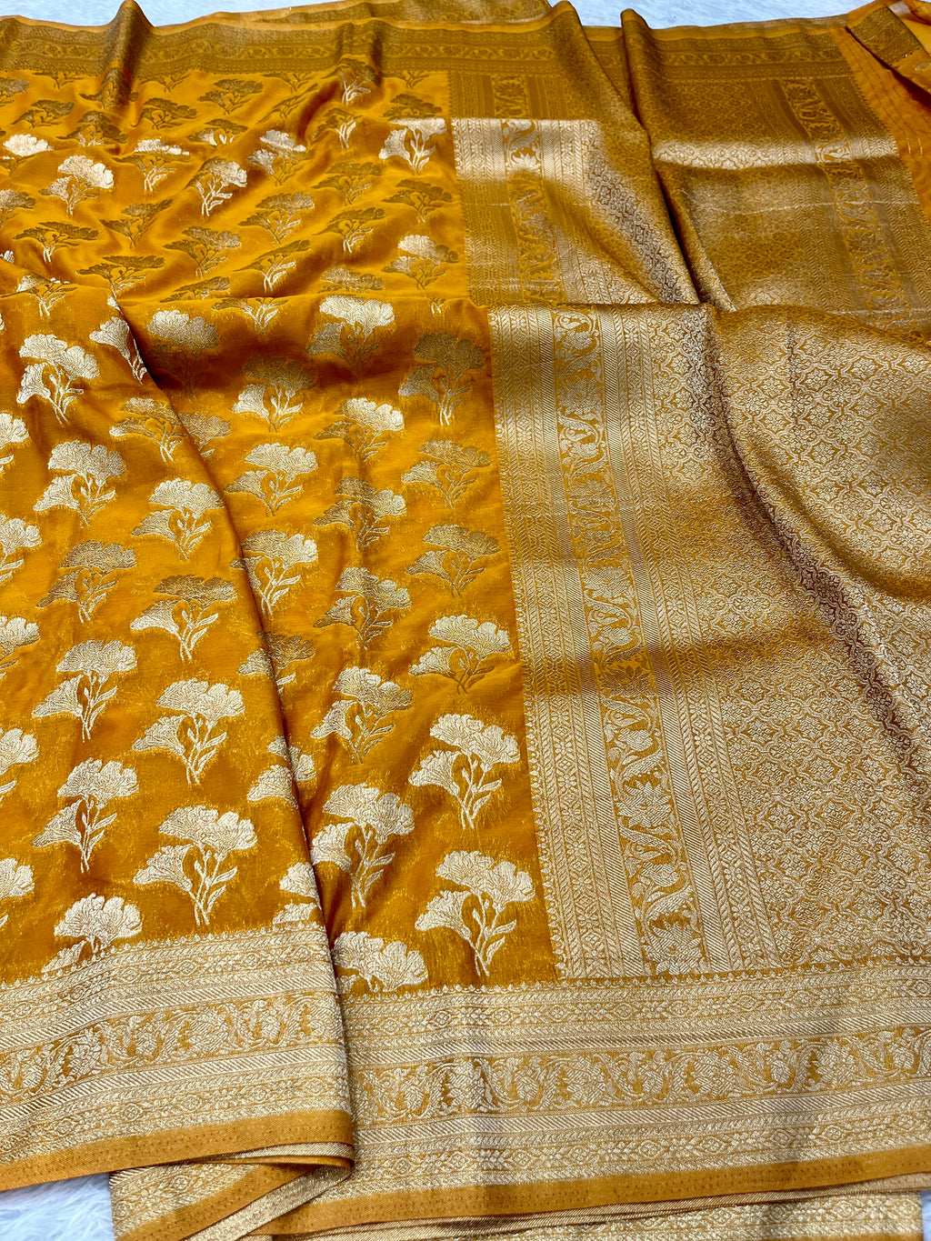 Chinon Silk Dual Flower Design Mustard Color Saree CN05