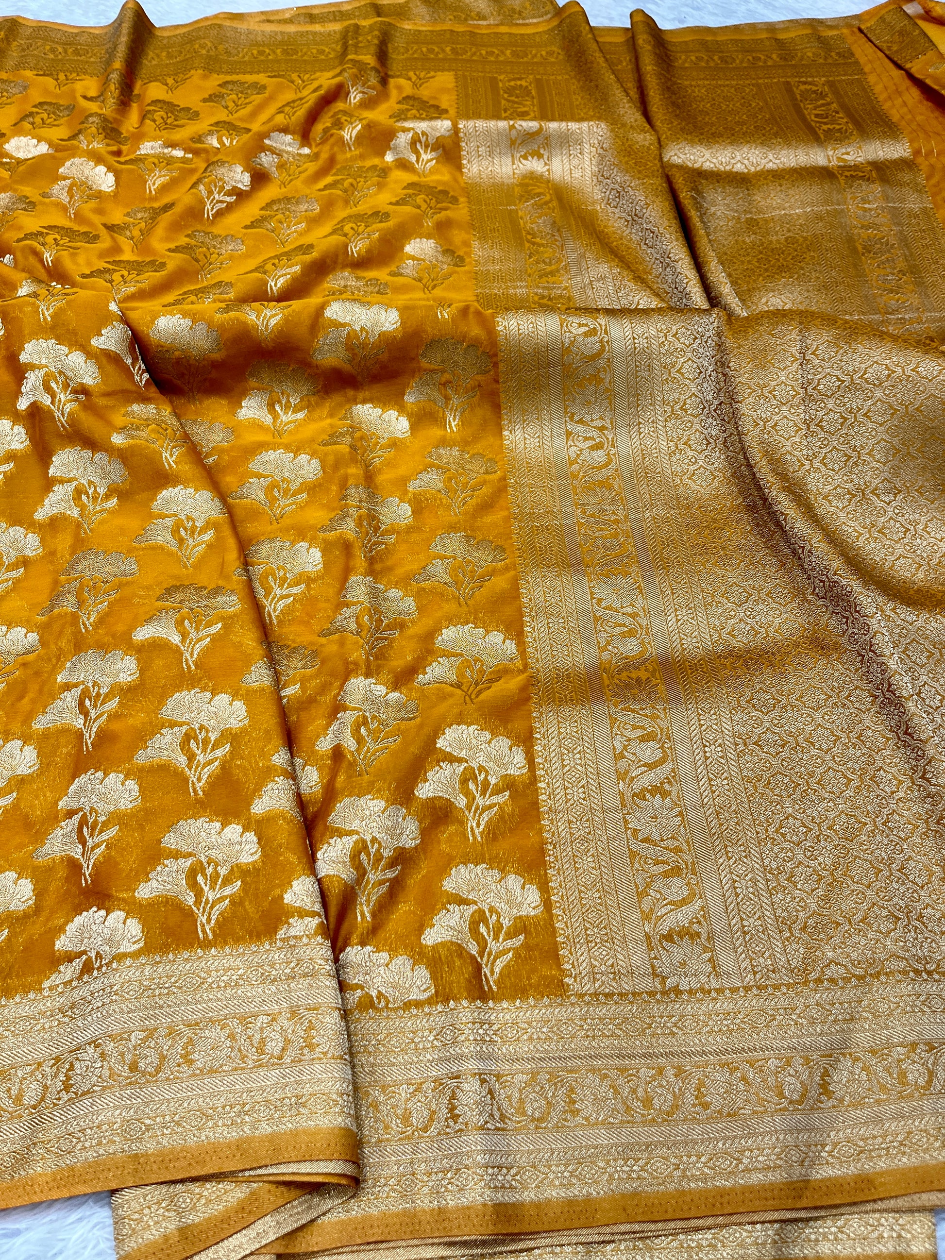 Chinon Silk Dual Flower Design Mustard Color Saree CN05