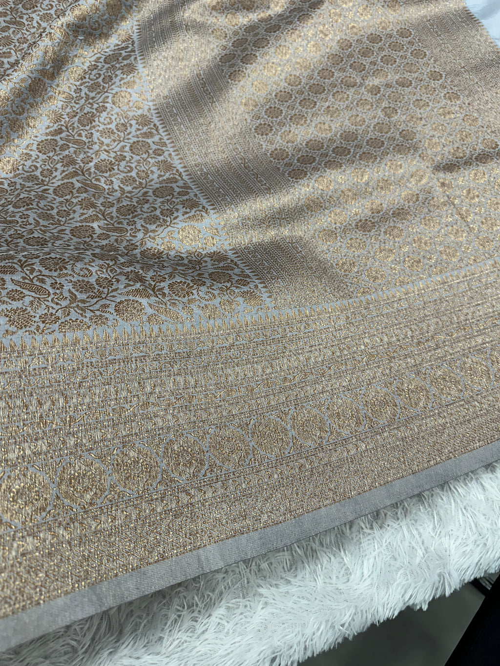 Grey Banarasi Dupion Silk Saree with Embossed Antique Zari Weaving & Rich Antique Zari Pallu | STF72