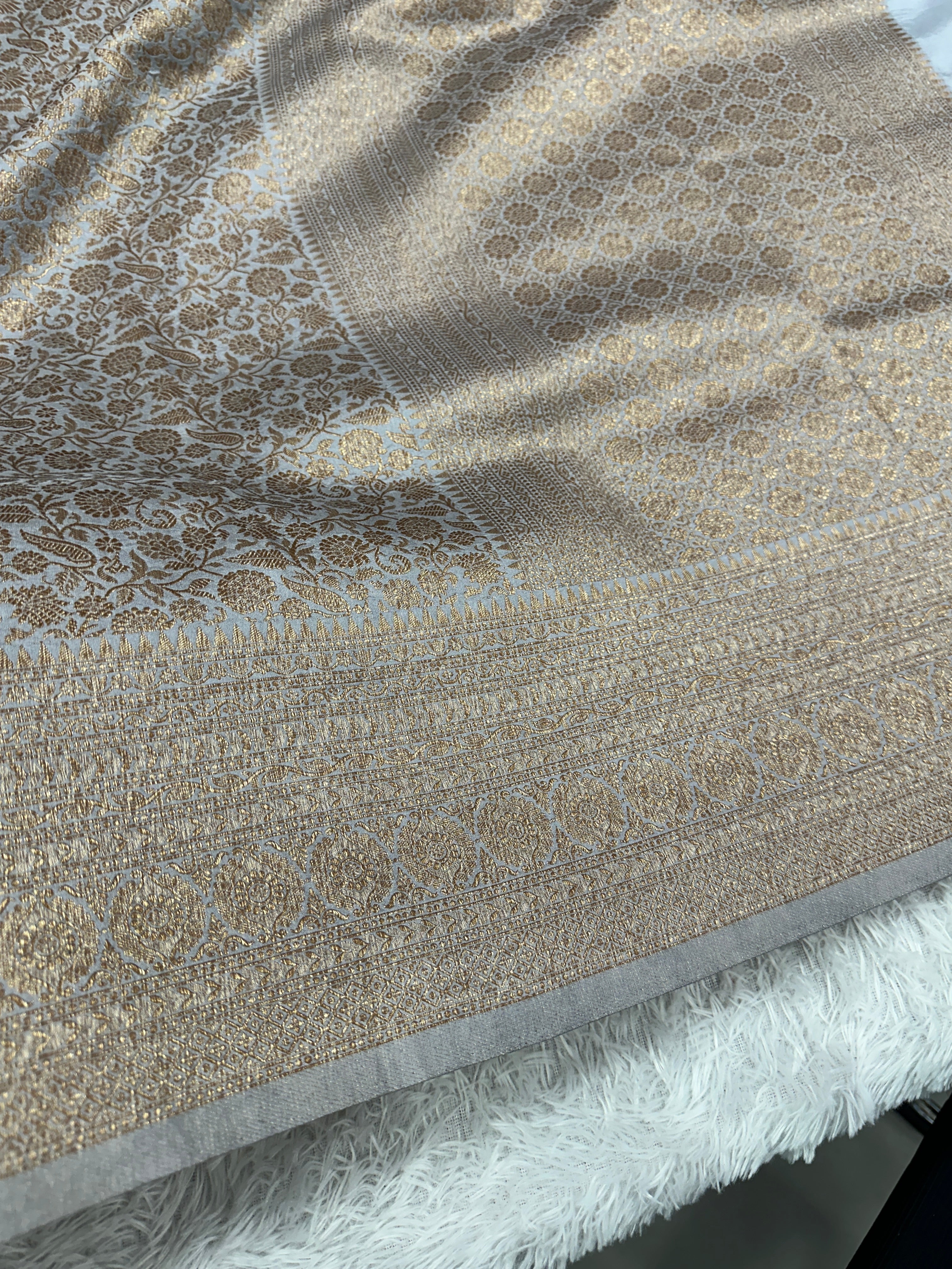 Grey Banarasi Dupion Silk Saree with Embossed Antique Zari Weaving & Rich Antique Zari Pallu | STF72