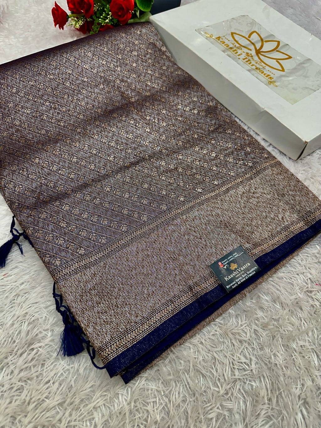 Navy Blue Banarasi Dupion Silk Saree with Embossed Antique Zari Weaving & Rich Antique Zari Pallu | STF59