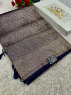 Navy Blue Banarasi Dupion Silk Saree with Embossed Antique Zari Weaving & Rich Antique Zari Pallu | STF59