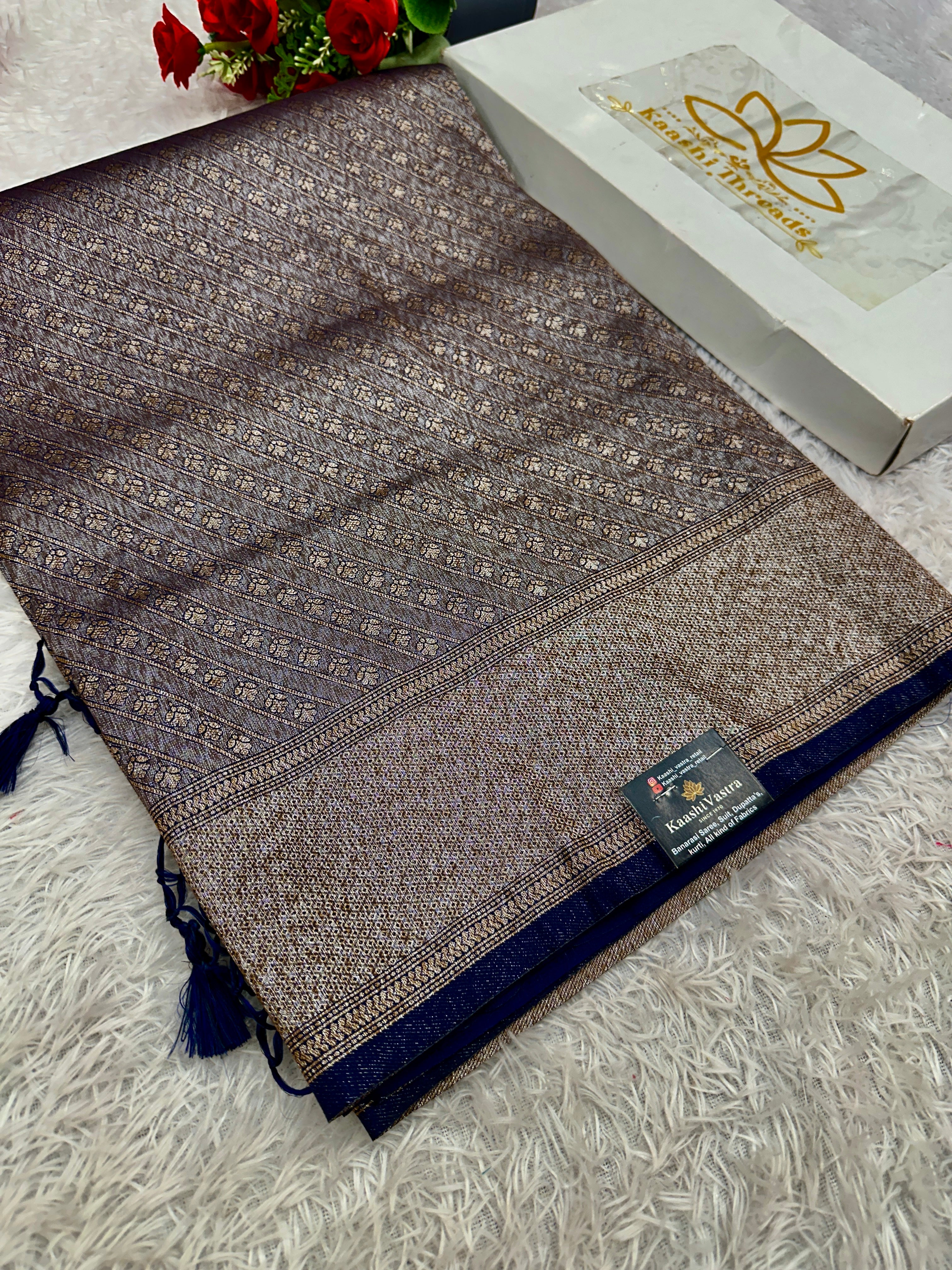 Navy Blue Banarasi Dupion Silk Saree with Embossed Antique Zari Weaving & Rich Antique Zari Pallu | STF59