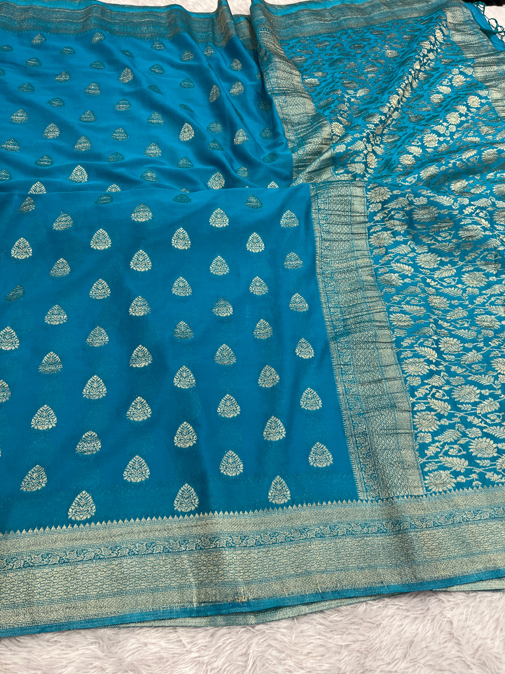 Chinon Silk Buta Zari Firozi Color Saree CN01