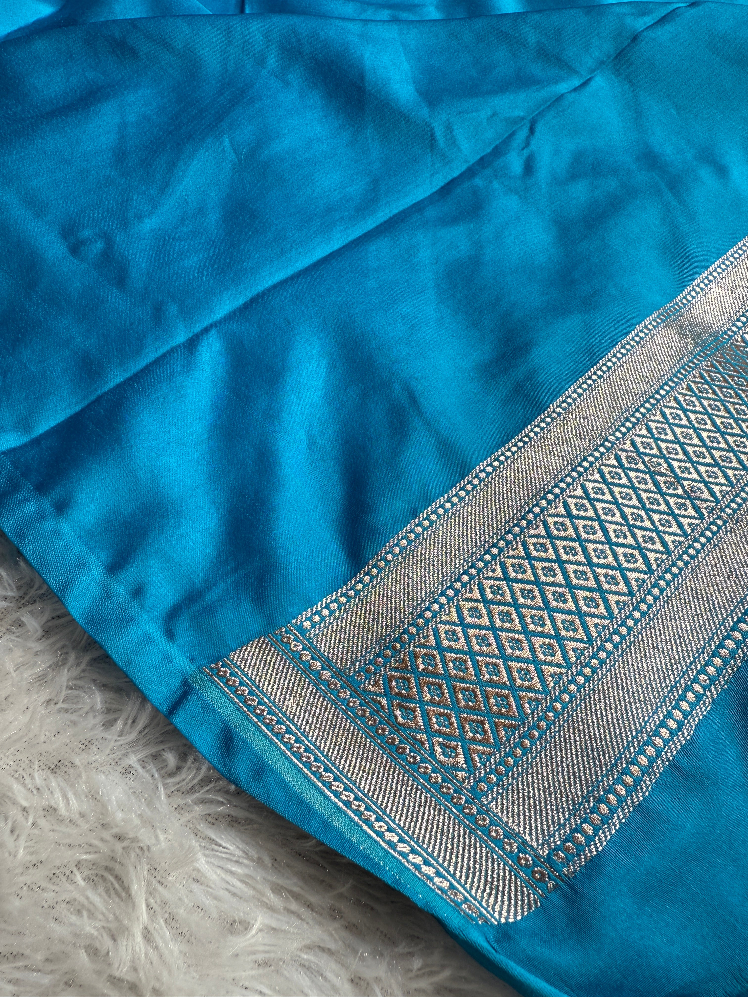 Light Blue Banarasi Mashru Kataan Silk Saree with All-over Jaal Weaving & Rupa-Sona Zari Work MKS111