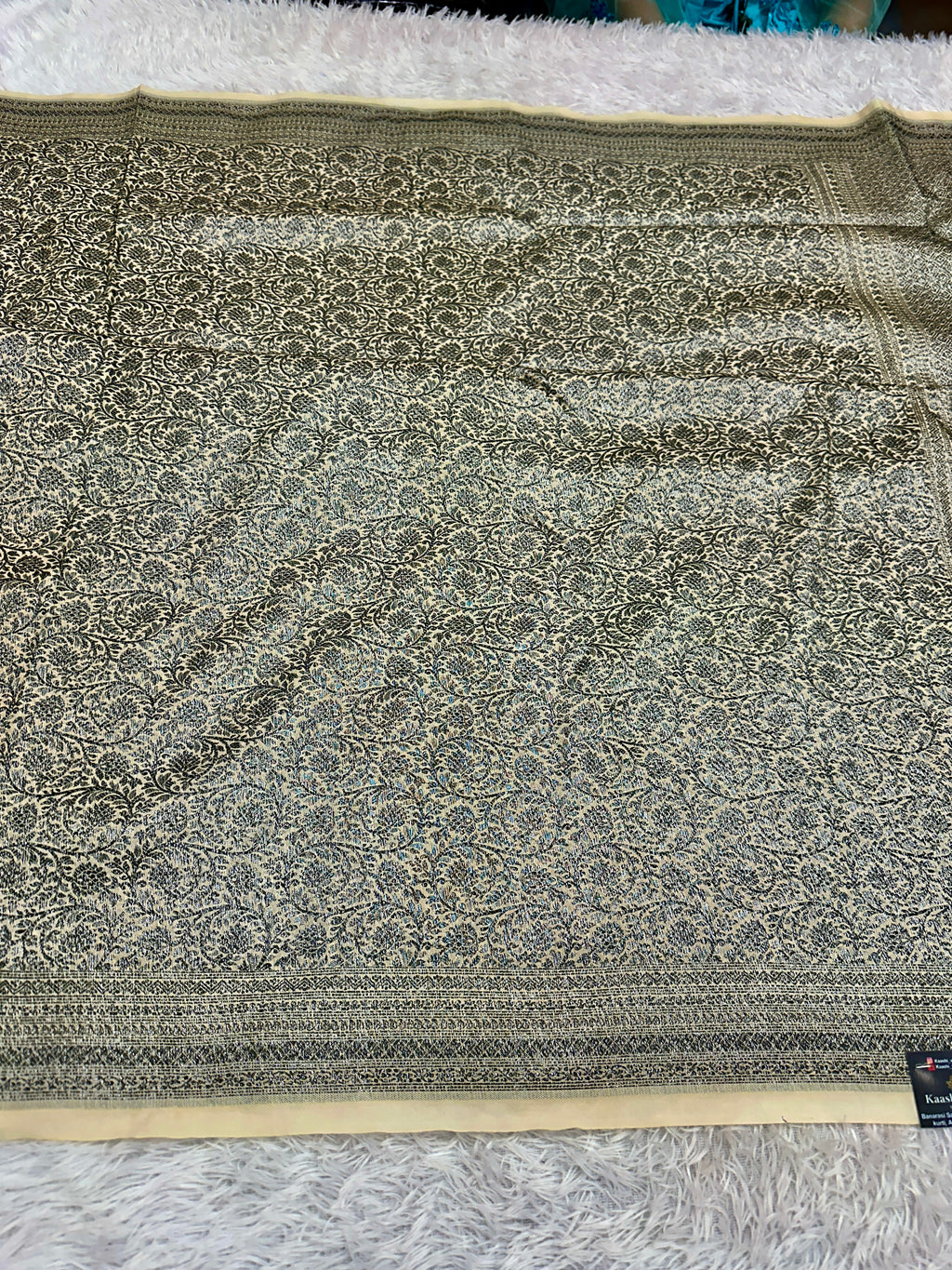 STF48 – Elegant Cream Dupion Saree with Silver-Black Antique Zari Weaving