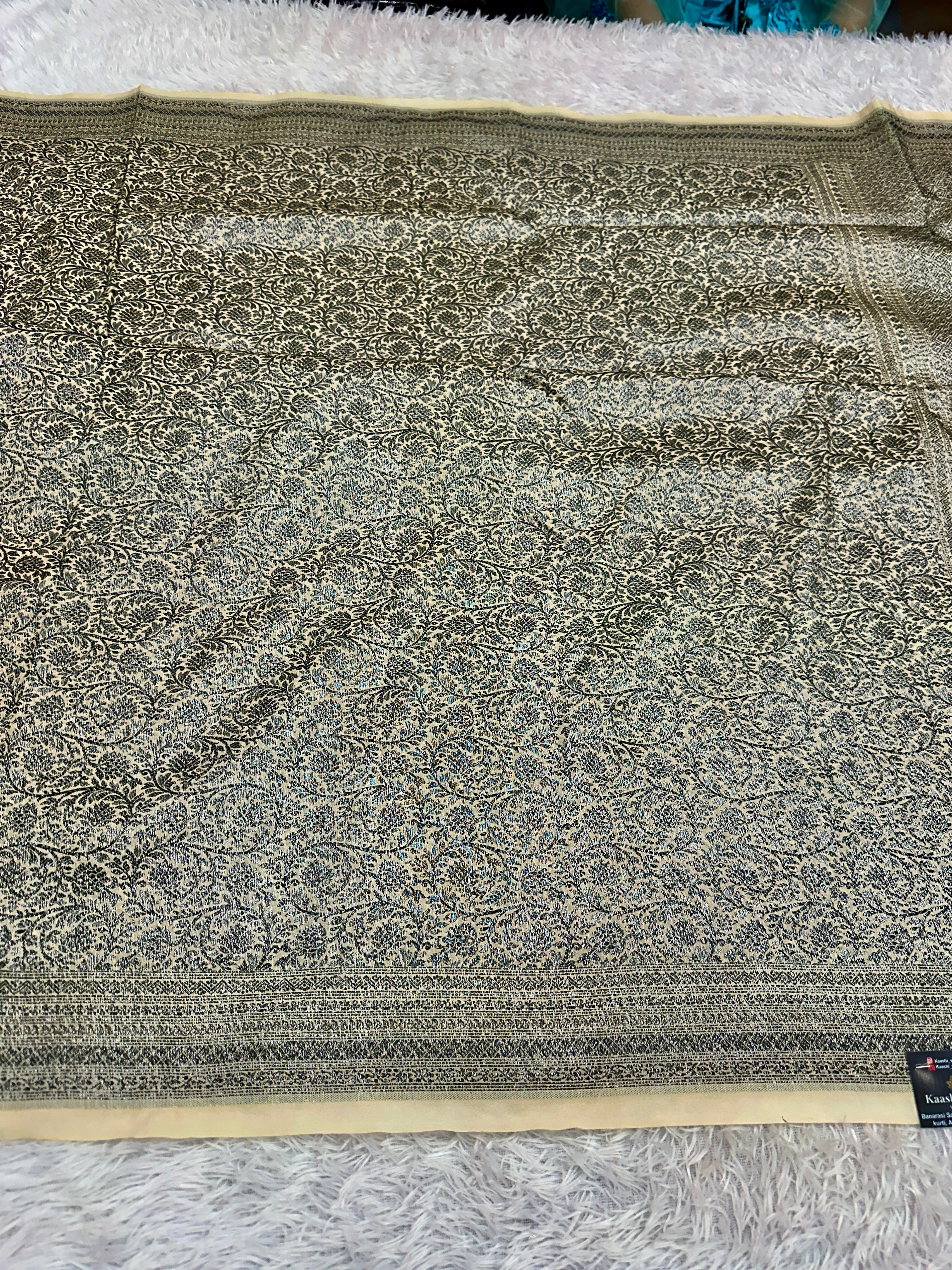 STF48 – Elegant Cream Dupion Saree with Silver-Black Antique Zari Weaving