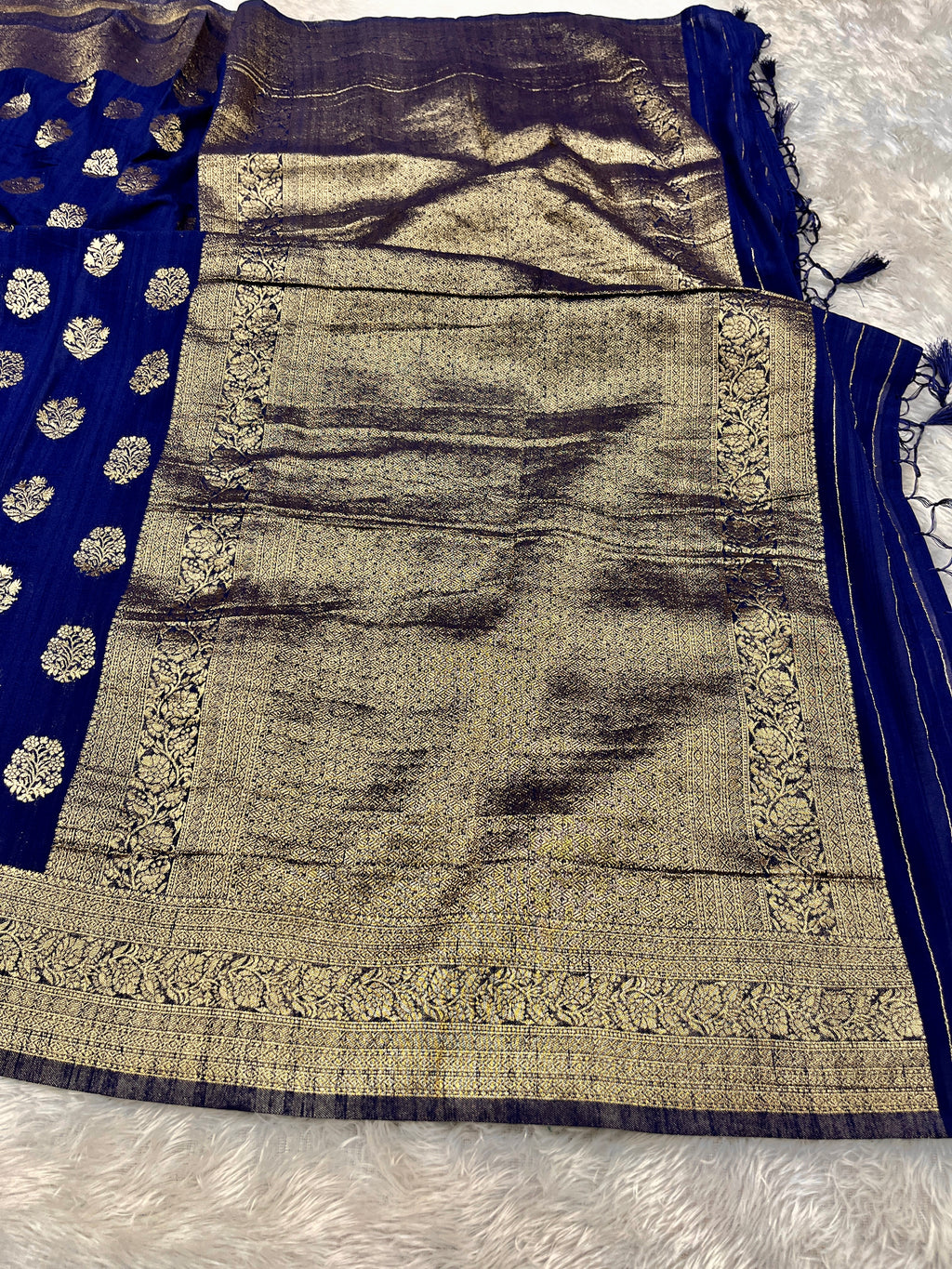 Raw Silk Zari Butaa  Navy blue color  Saree RS004