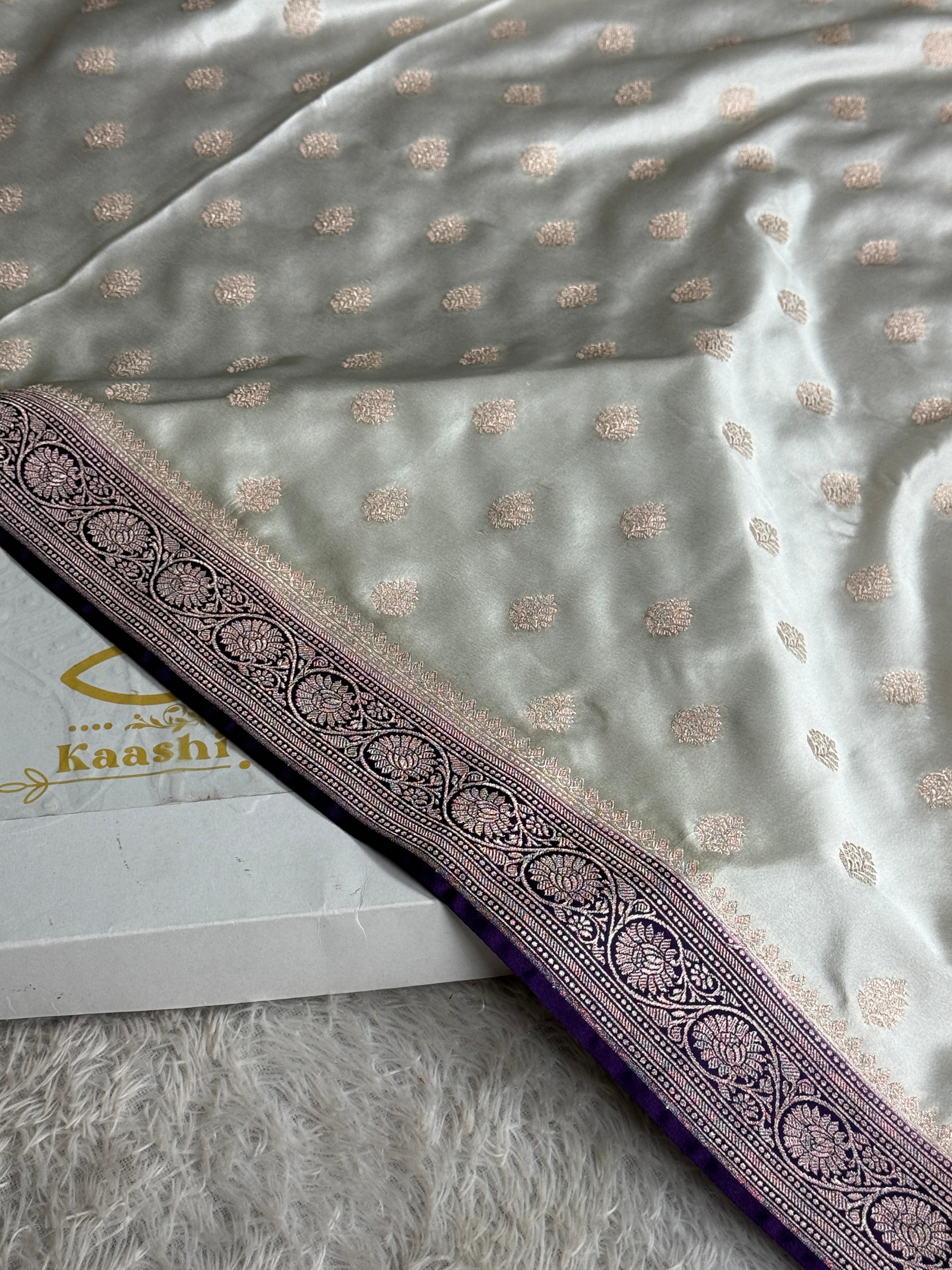 Cream with Purple Contrast Mashru Kataan Silk Saree with Buta Weaving & Rich Zari Pallu | MKS644