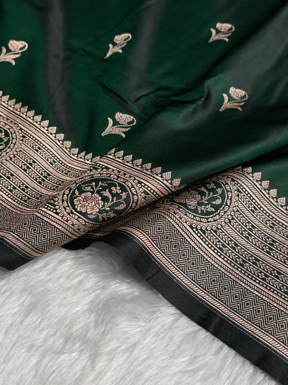 MKS305 Banarasi Mashru Silk Saree with Buta Pattern – Black, Red, Green, Yellow & Orange