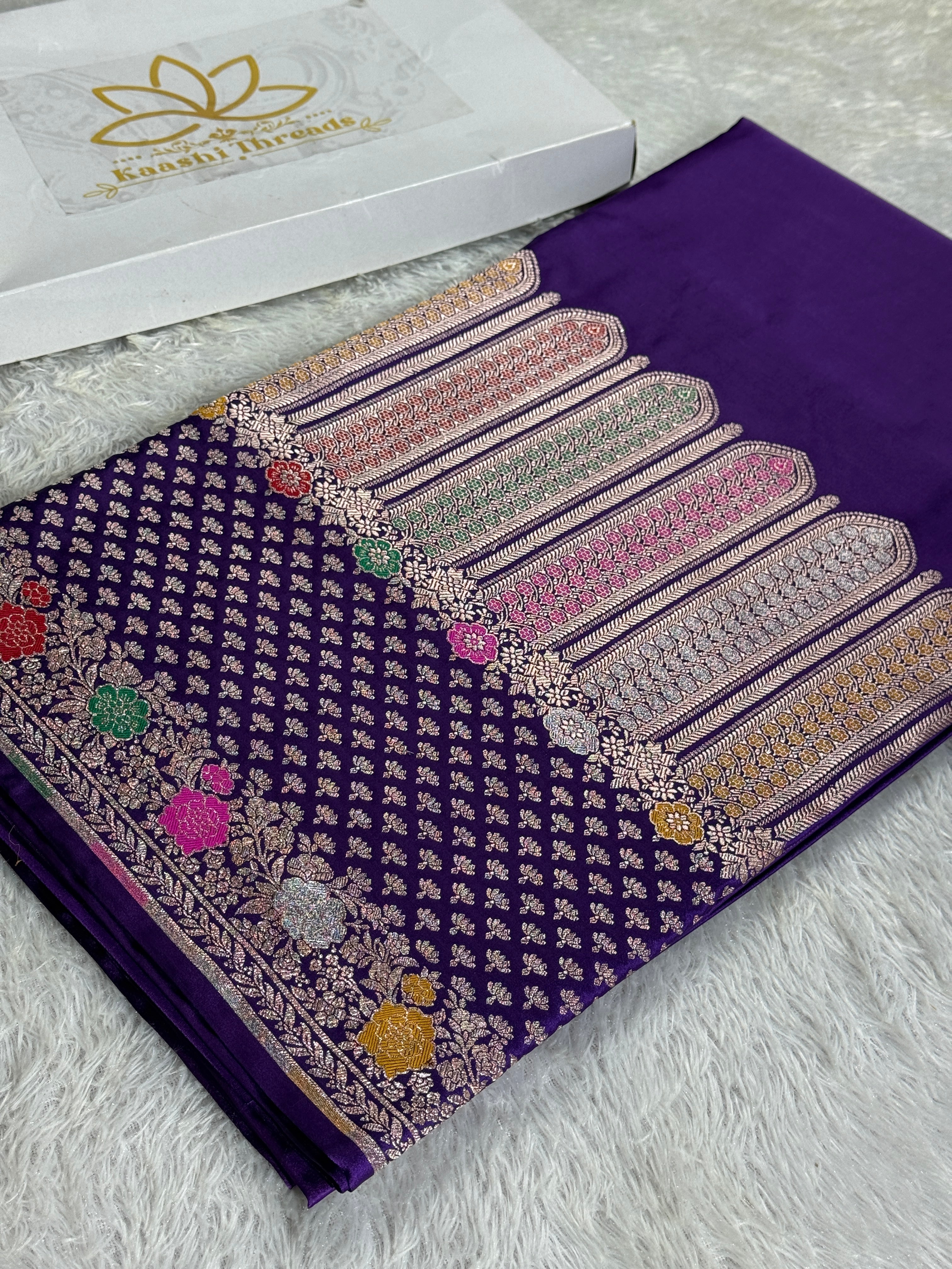 ✨ Royal Purple Meenakari Woven Banarasi Satin Mashru Silk Saree with Scalloped Border MKS212