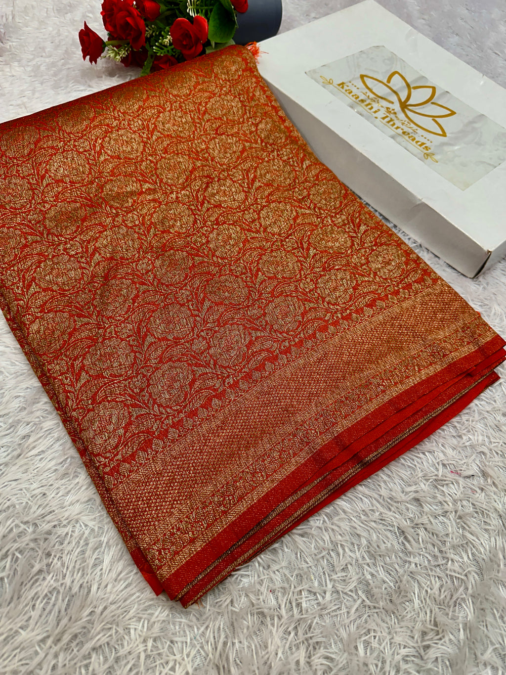 Rust Orange Banarasi Dupion Silk Saree with Embossed Antique Zari Weaving & Rich Antique Zari Pallu | STF58