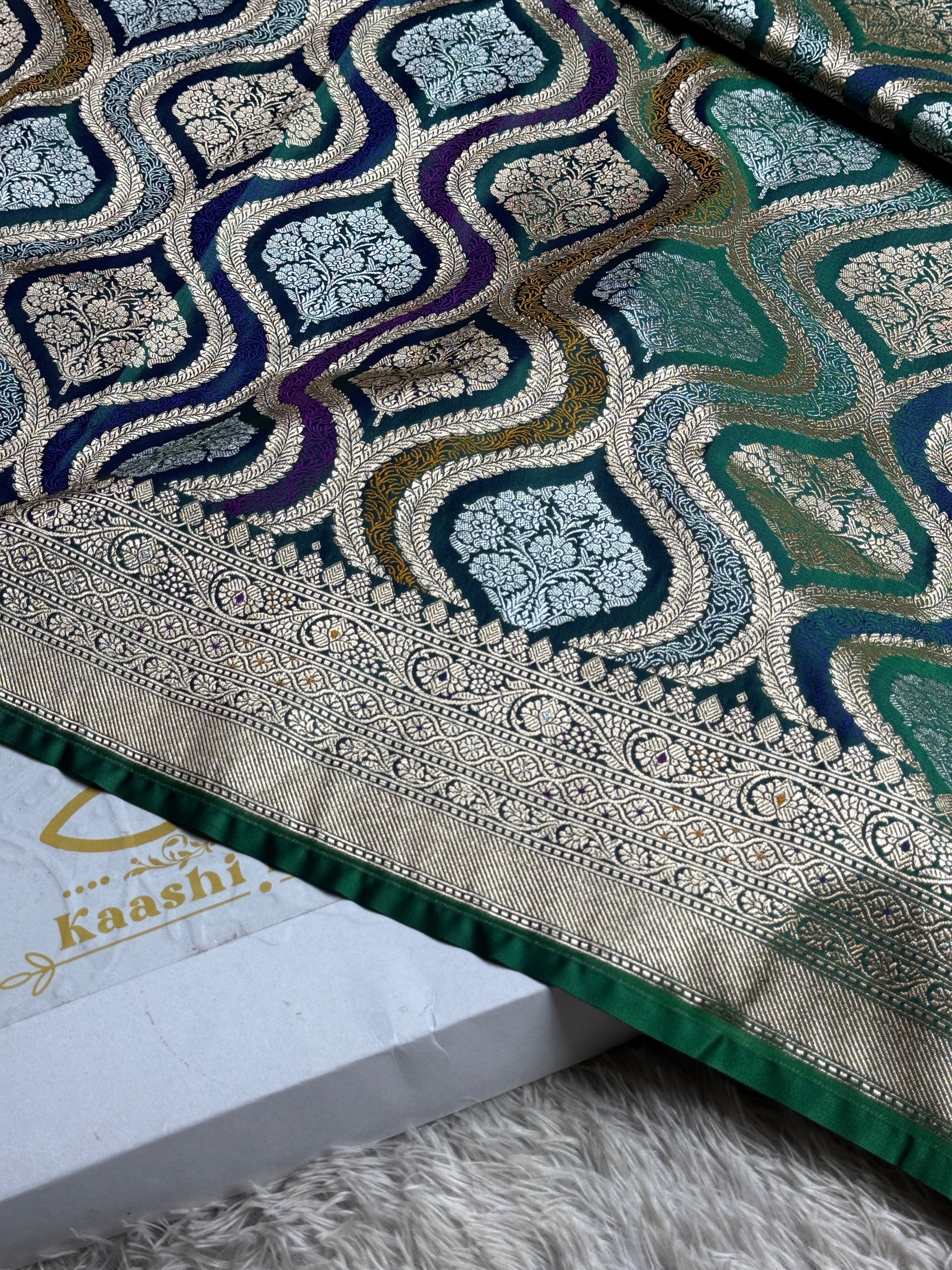 Peacock Green Banarasi Mashru Silk Saree with Meena Jaal Rangkaat Weaving MKS231