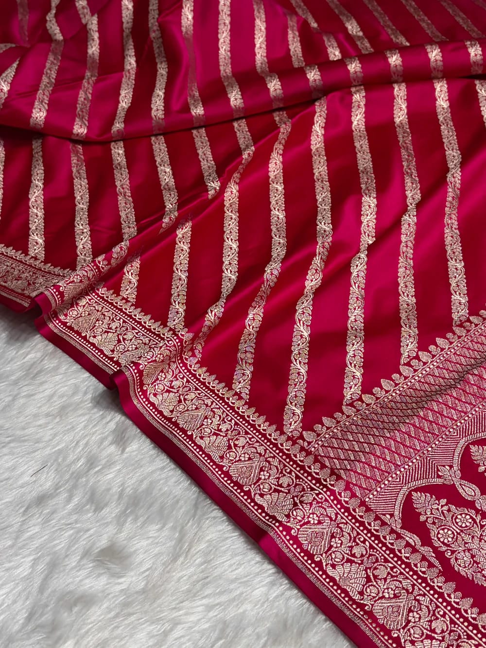 Banarasi Mashru Kataan Silk Saree Featuring Aaddha Zari Weave with Rich Zari Pallu – MKS413