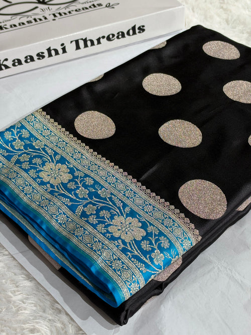 Black & Light Blue Mashru Kataan Silk Saree with Dollar Buta Woven Design & Rich Zari Pallu | MKS850