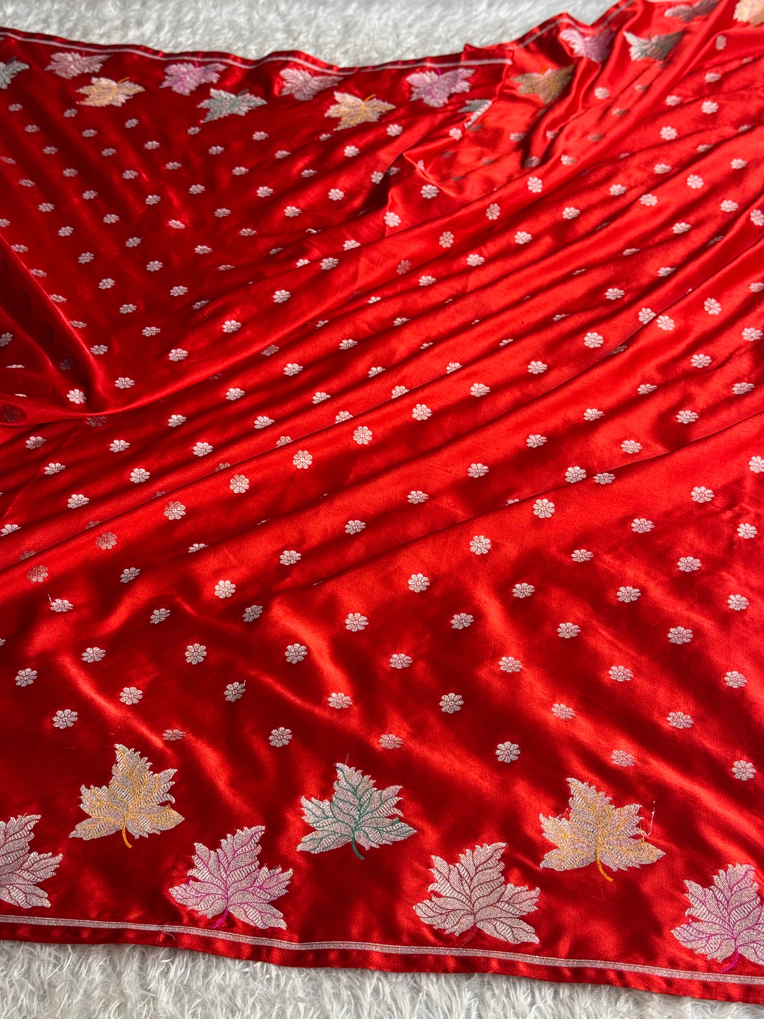 Red Mashru Kataan Silk Banarasi Saree with Meenakari Leaf Woven Border | MKS754