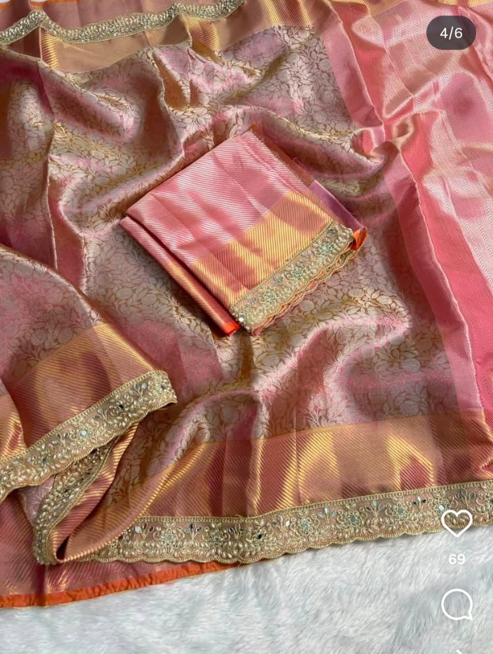 Soft Pink Banarasi Tissue Silk Saree with Golden Zari Work   TS101
