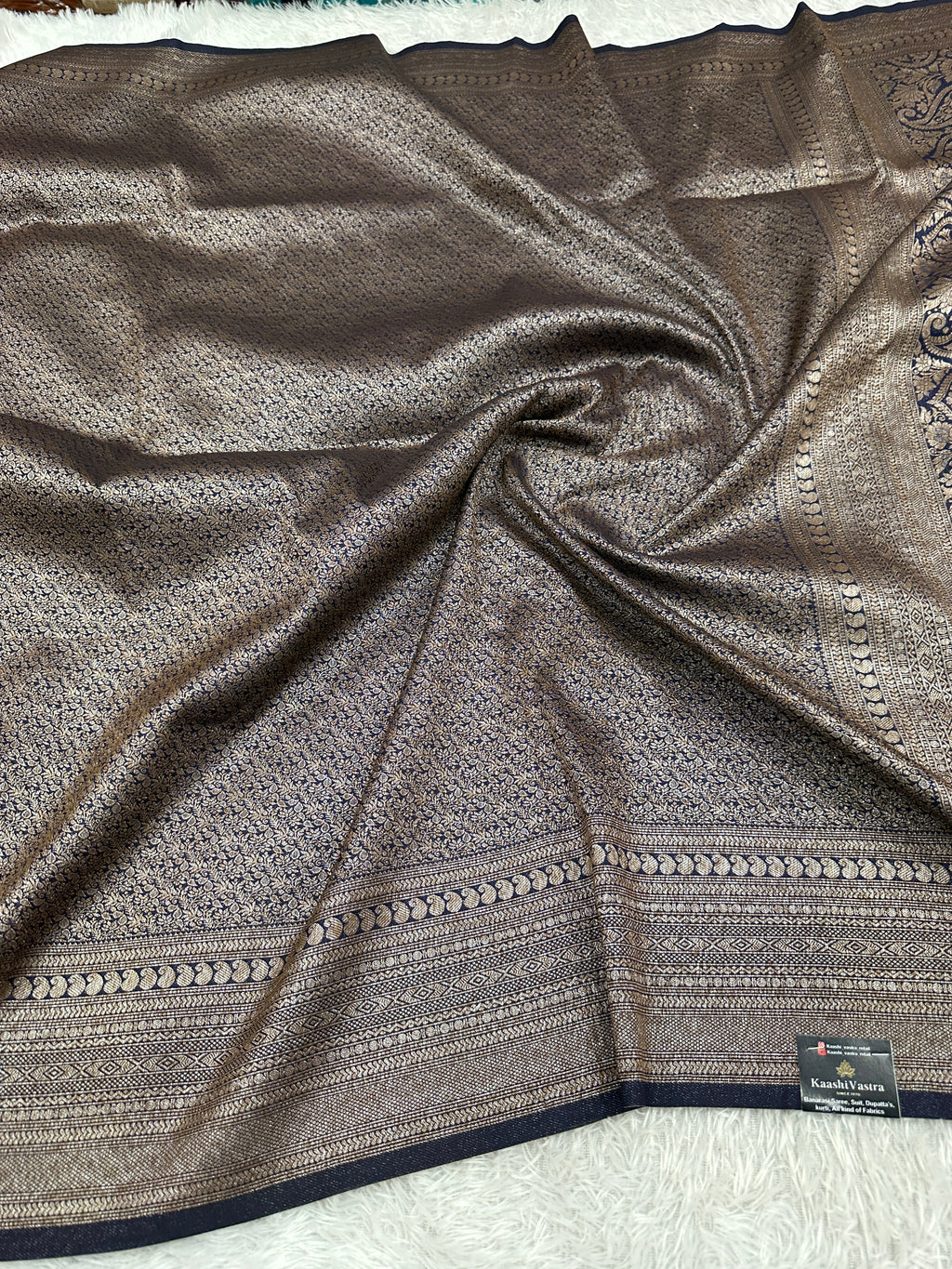 Navy blue Banarasi Dupion Silk Saree with Embossed Antique Zari Weaving & Rich Antique Zari Pallu | STF93