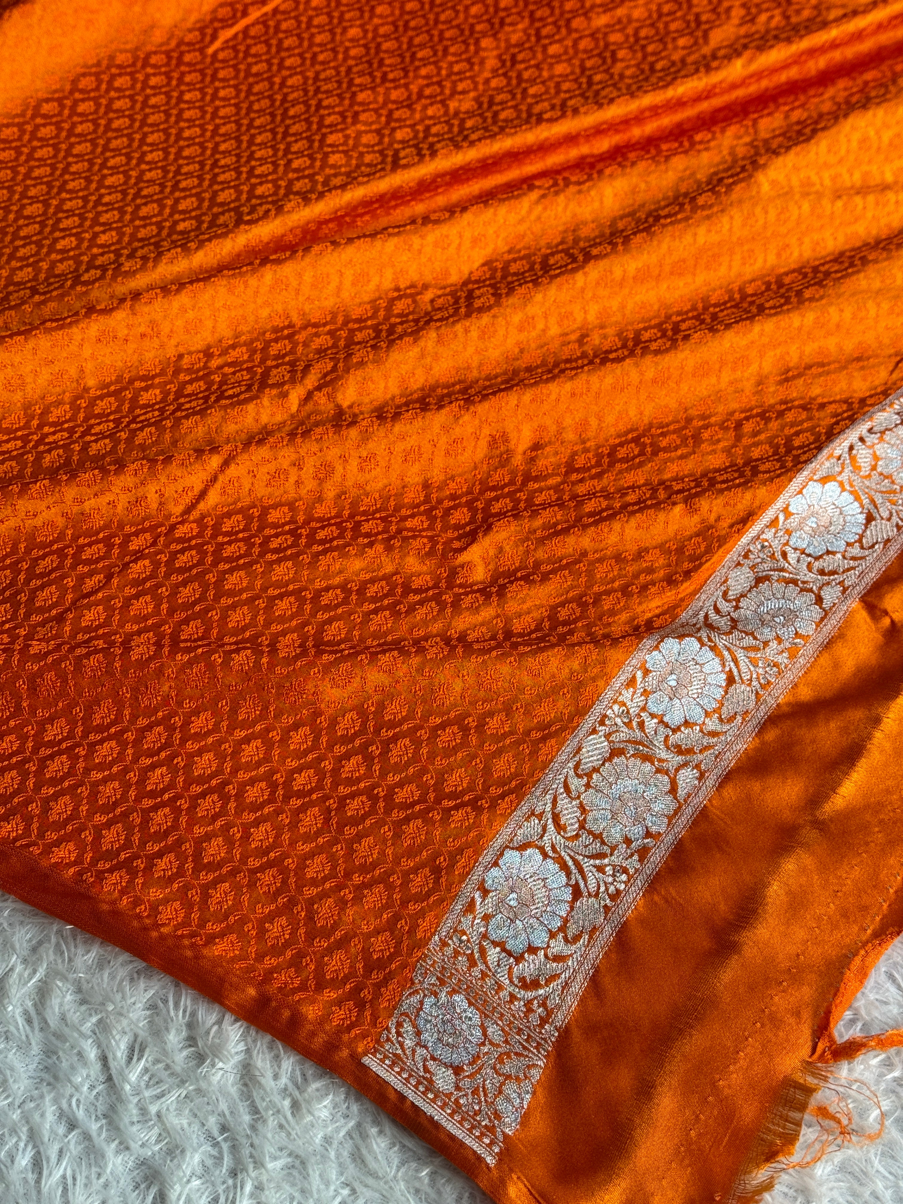 Rusty Orange Mashru Kataan Silk Banarasi Saree with Meenakari Zari Jaal Design | MKS745