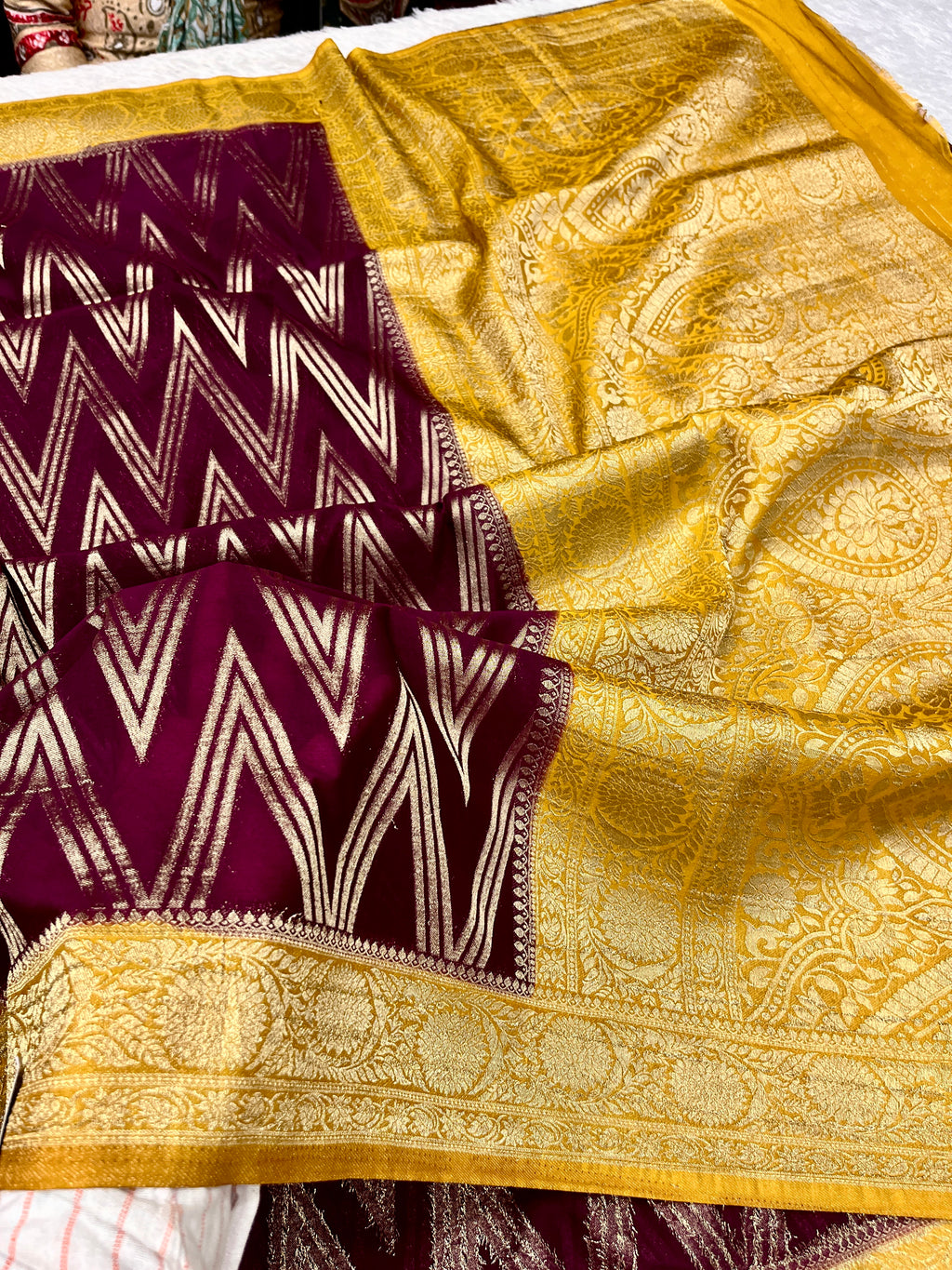 Chinon Silk Zig Zag Design Magenta with Yellow Color Saree CN09