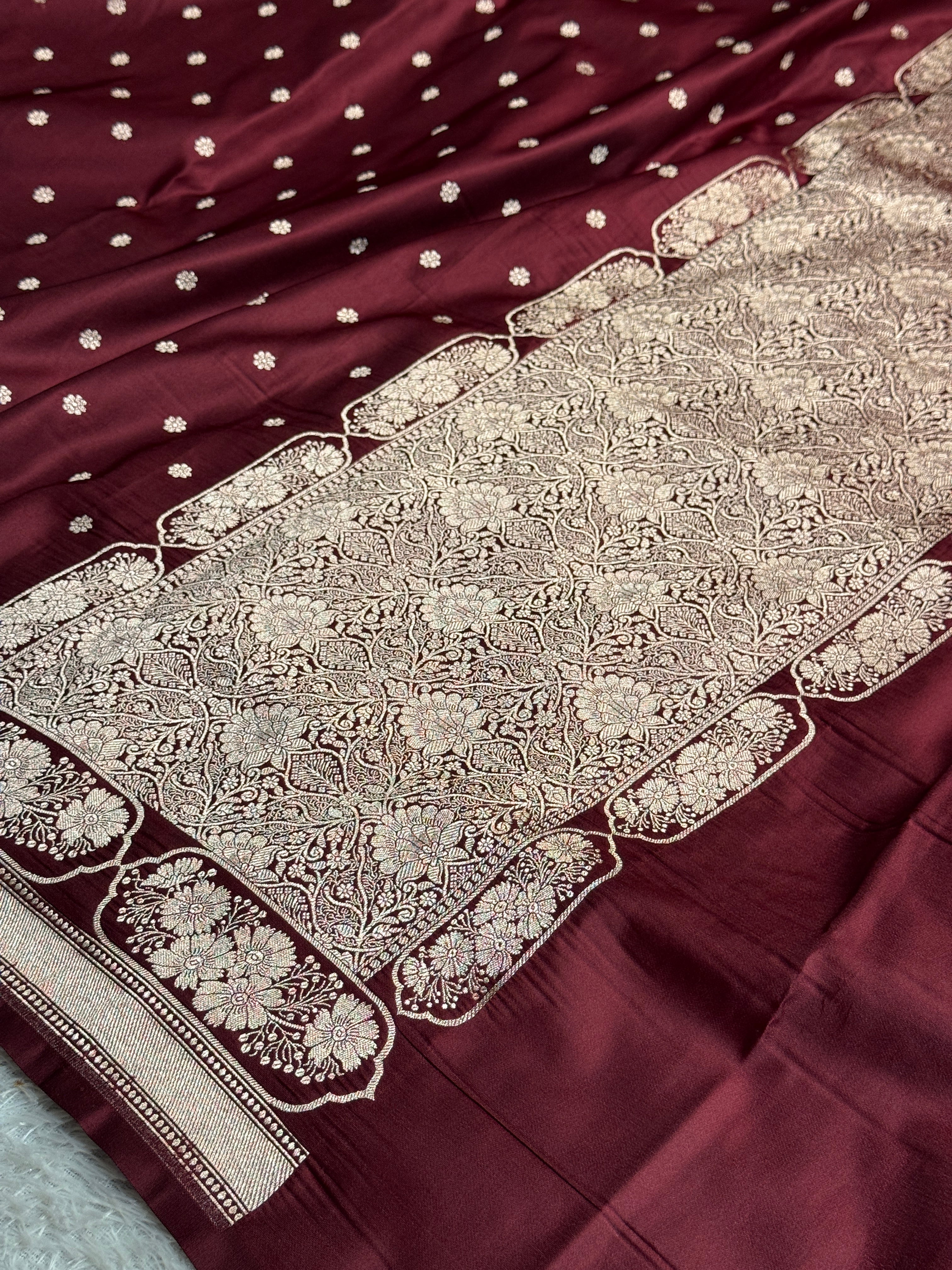 Royal Wine Mashru Kataan Silk Saree with Silver Zari Meenakari Jaal Weaving | MKS684