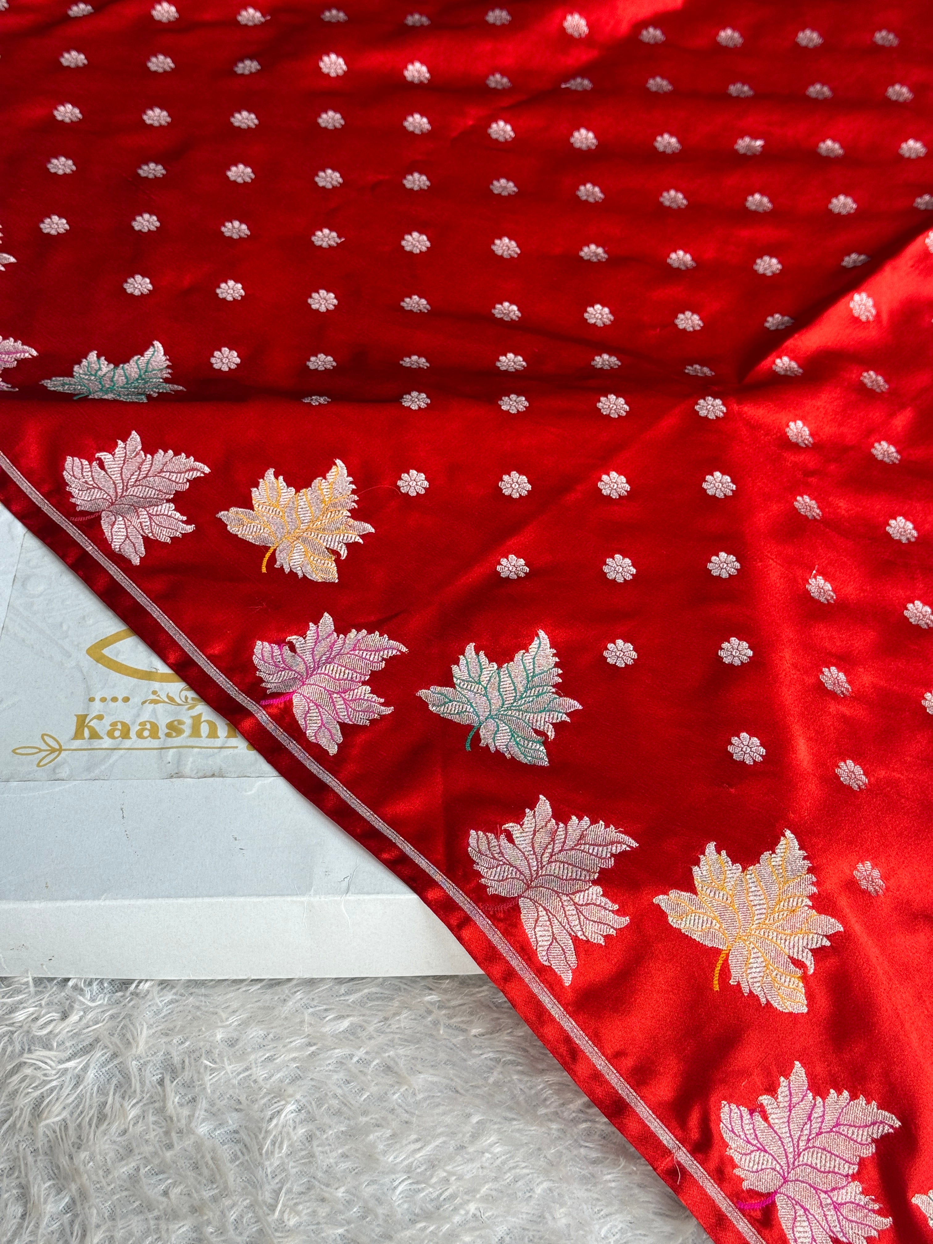 Red Mashru Kataan Silk Banarasi Saree with Meenakari Leaf Woven Border | MKS754