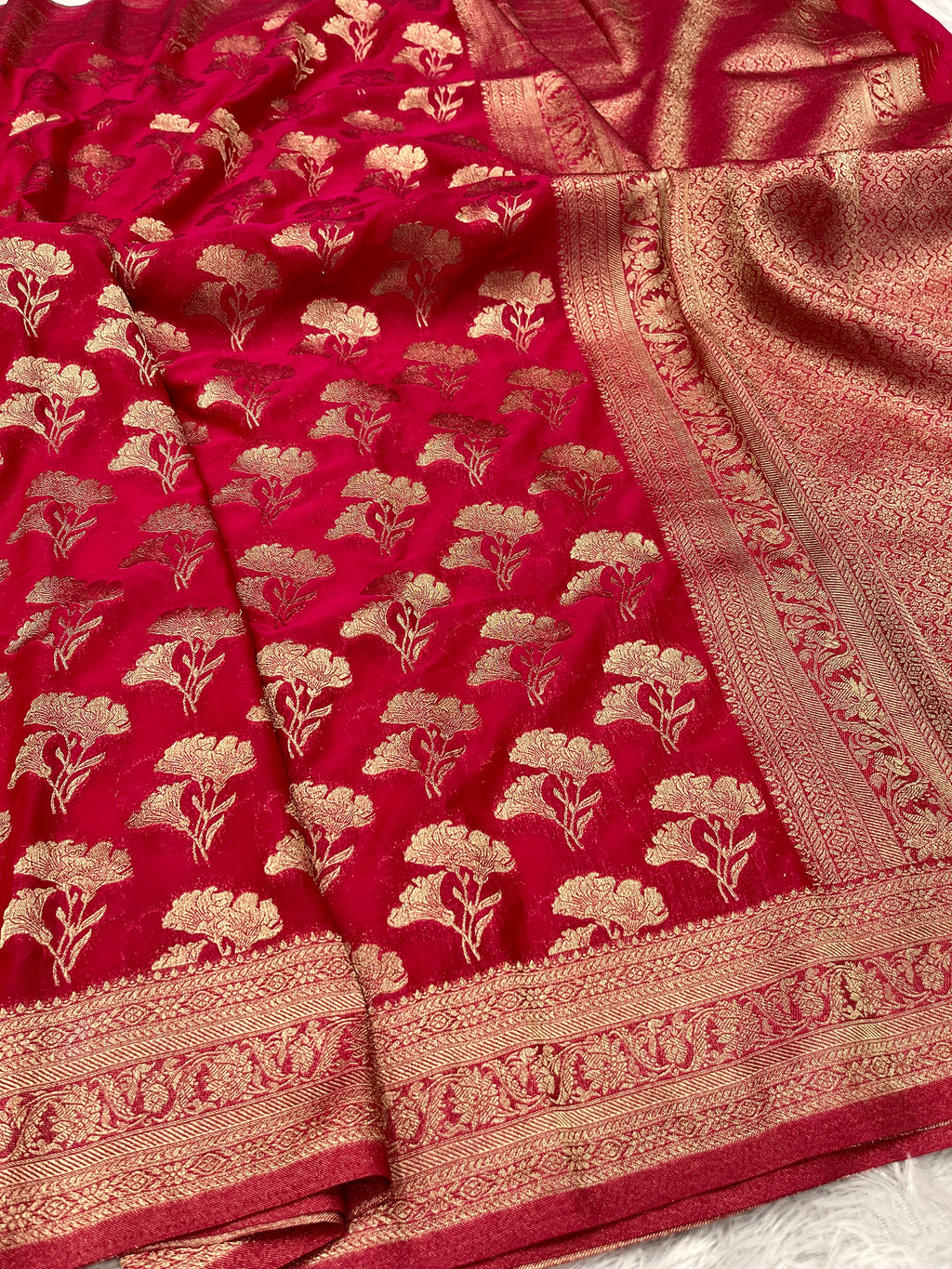 Chinon Silk Dual Flower Design Rani Color Saree CN05